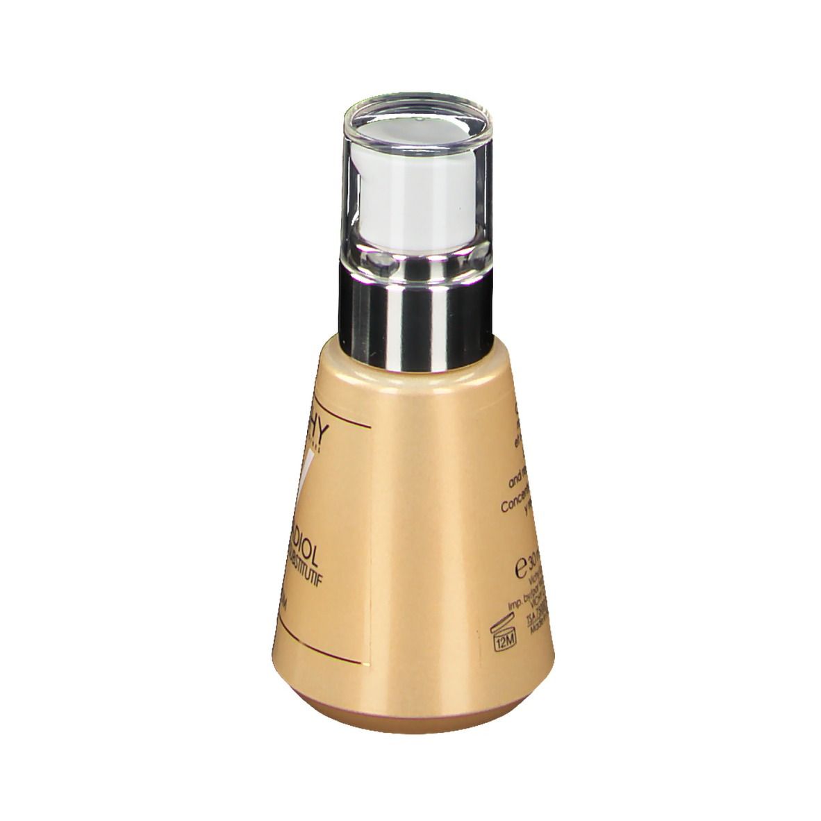 Beige serumfles met zilveren pomp. Opschrift: VICHY, NEODVADIOL, Serum.