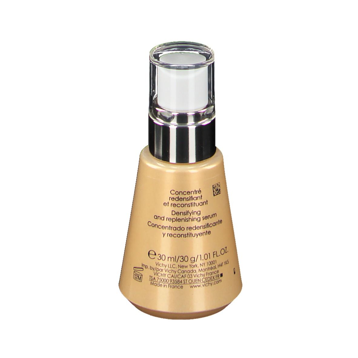 Beige serumfles met zilveren pomp. Opschrift: VICHY, NEODVADIOL, Serum.