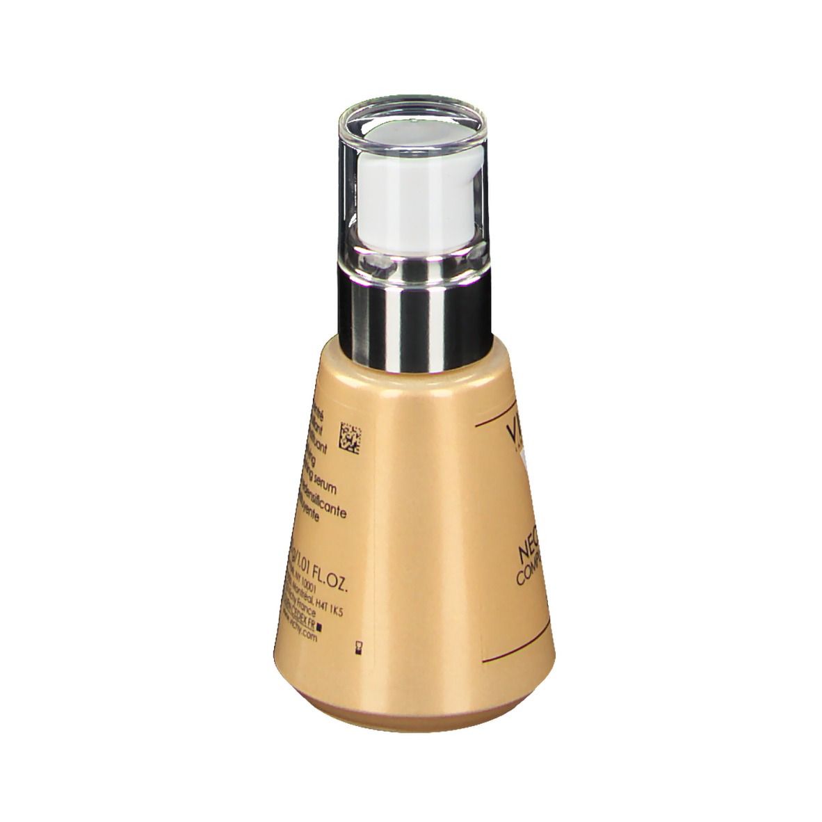 Beige serumfles met zilveren pomp. Opschrift: VICHY, NEODVADIOL, Serum.