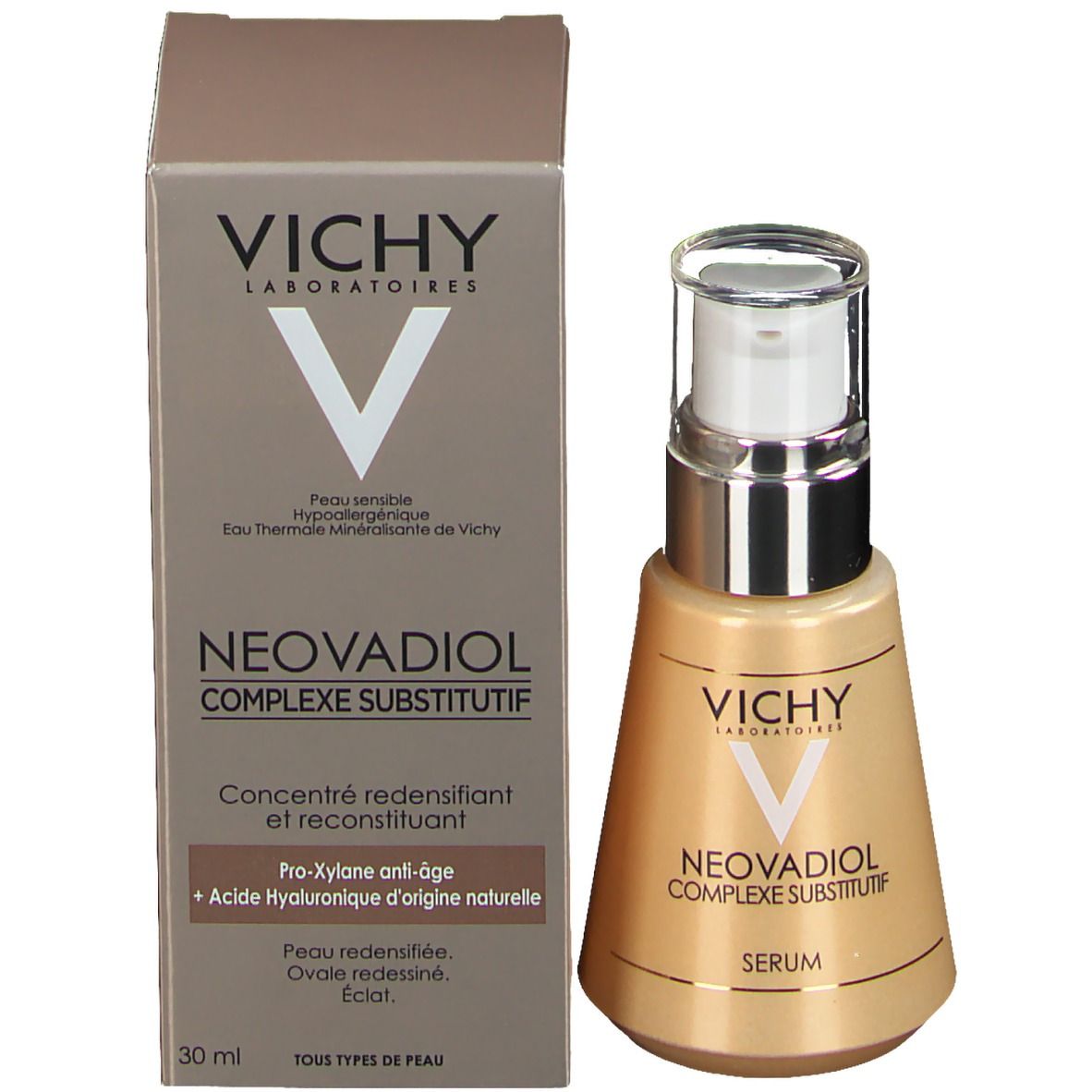 Serumfles en verpakking. Opschrift: VICHY, NEODVADIOL, Serum. Verpakking: bruin, wit.