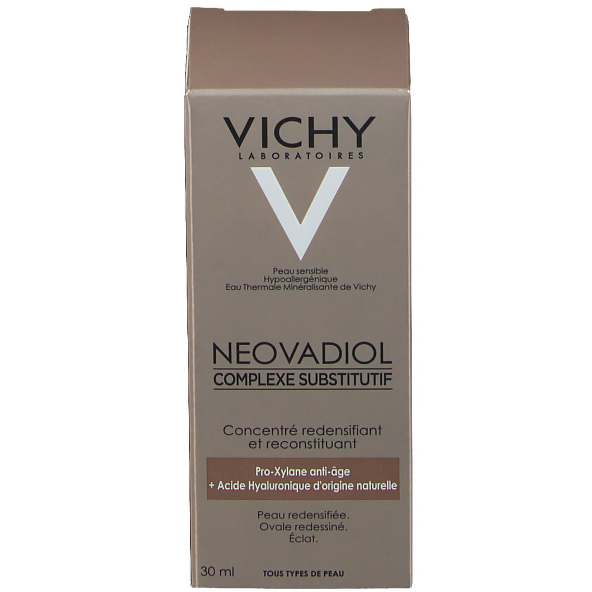 Verpakking. Opschrift: VICHY, NEODVADIOL, Serum. Verpakking: bruin, wit.