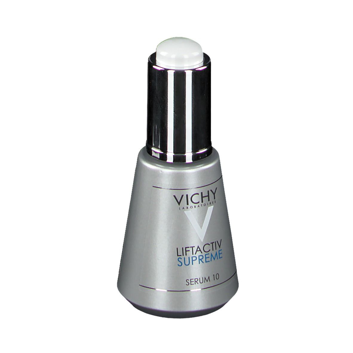 Zilverkleurige fles met witte dop. Opschrift: VICHY, LIFTACTIV SUPREME, SERUM 10. Druppelaar.