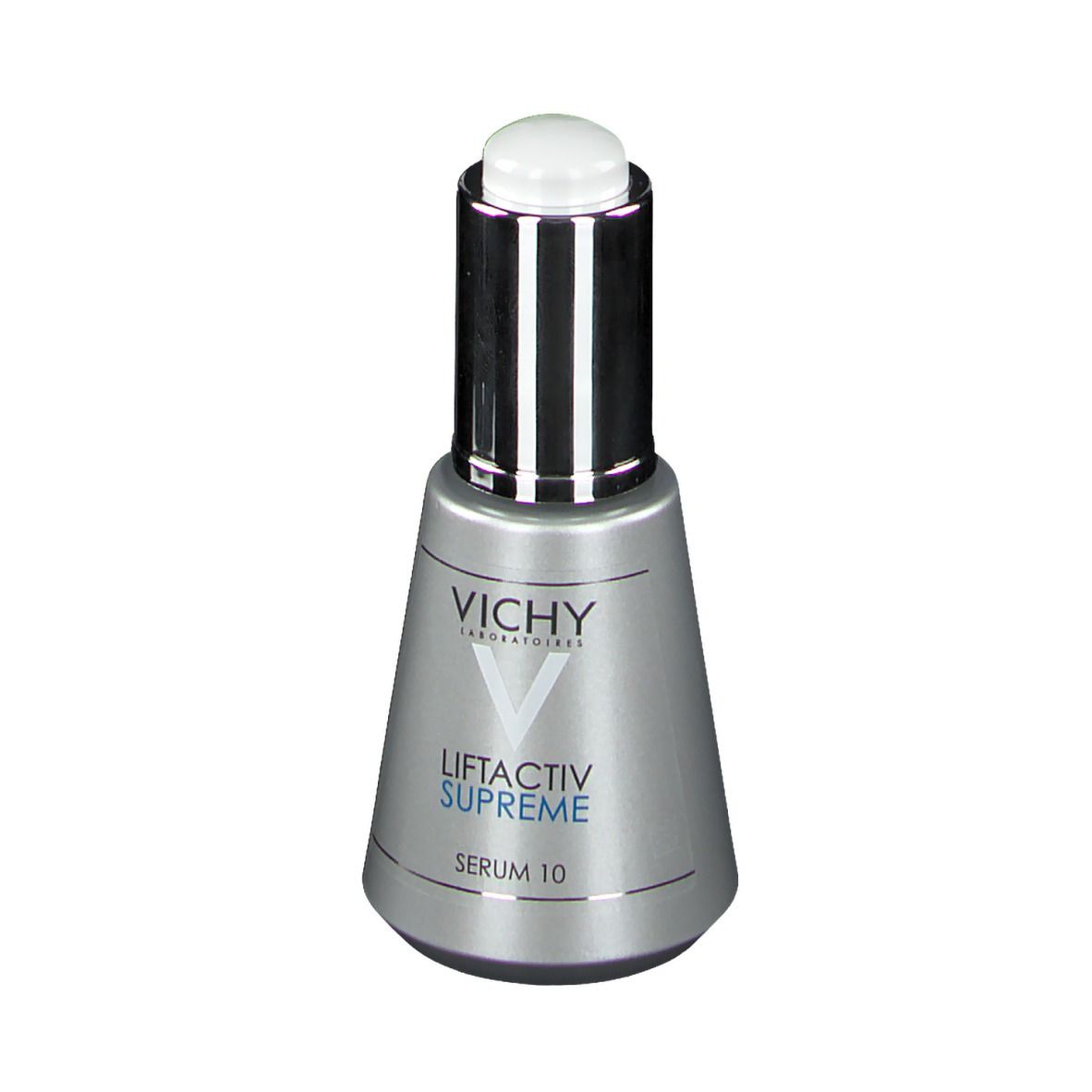 Zilverkleurige fles met witte dop. Opschrift: VICHY, LIFTACTIV SUPREME, SERUM 10. Druppelaar.