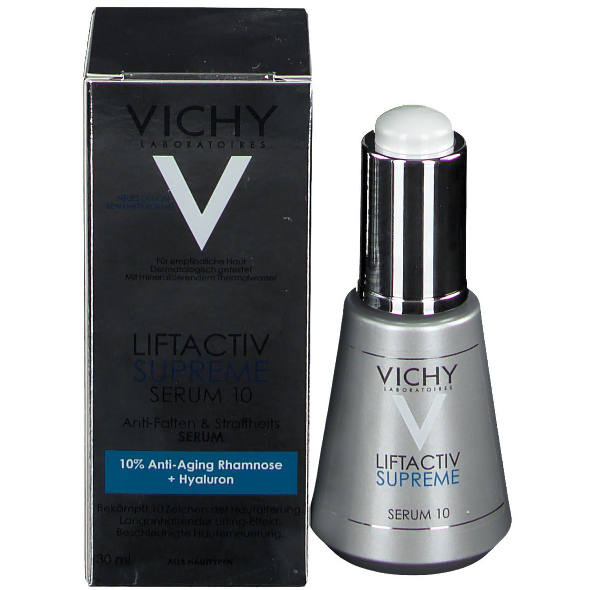Productfles en verpakking. Zwarte doos met wit V-logo. Opschrift: VICHY, LIFTACTIV SUPREME, SERUM 10.