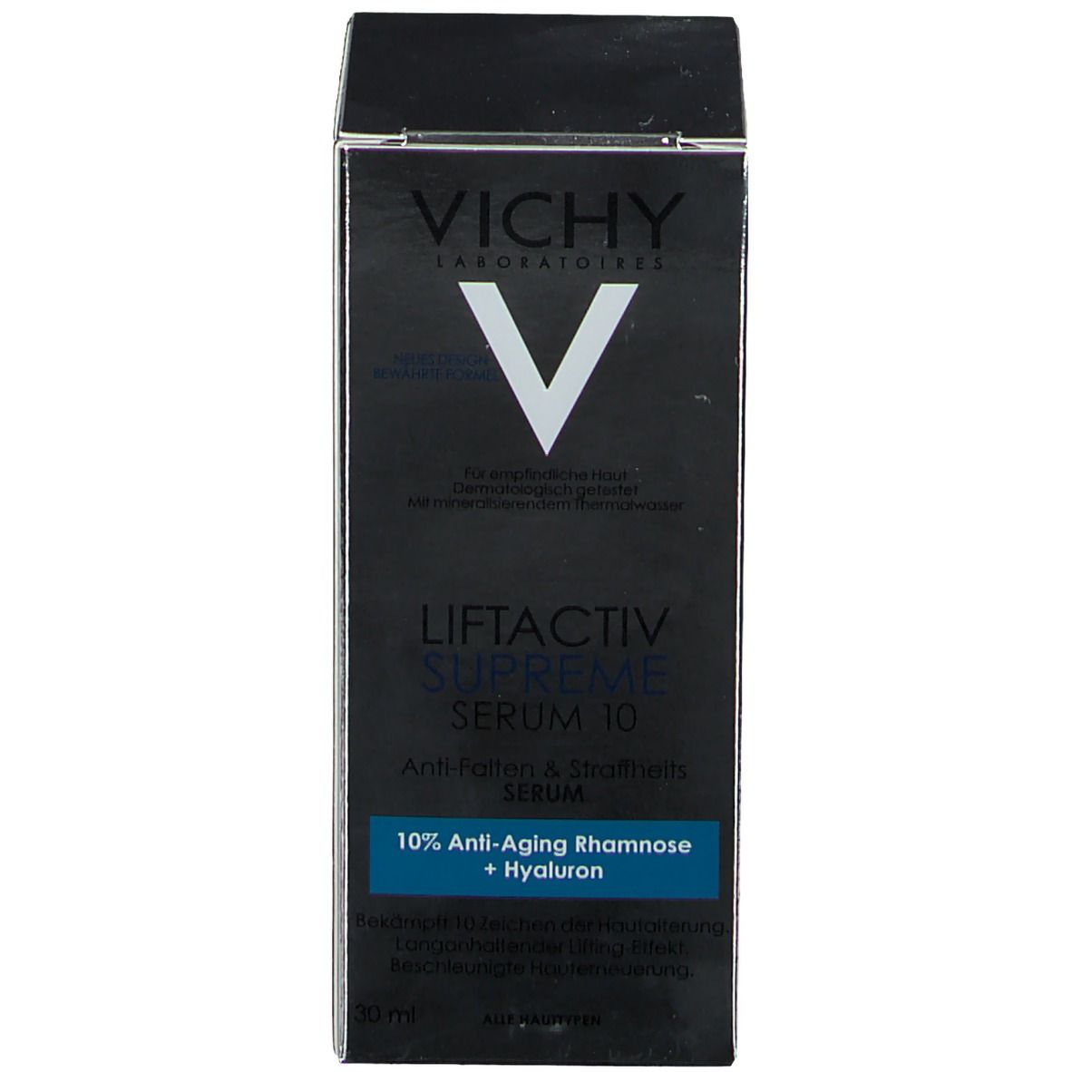 Zwarte verpakking met wit V-logo. Opschrift: VICHY, LIFTACTIV SUPREME, SERUM 10. Tekst: Anti-rimpel & versteviging.