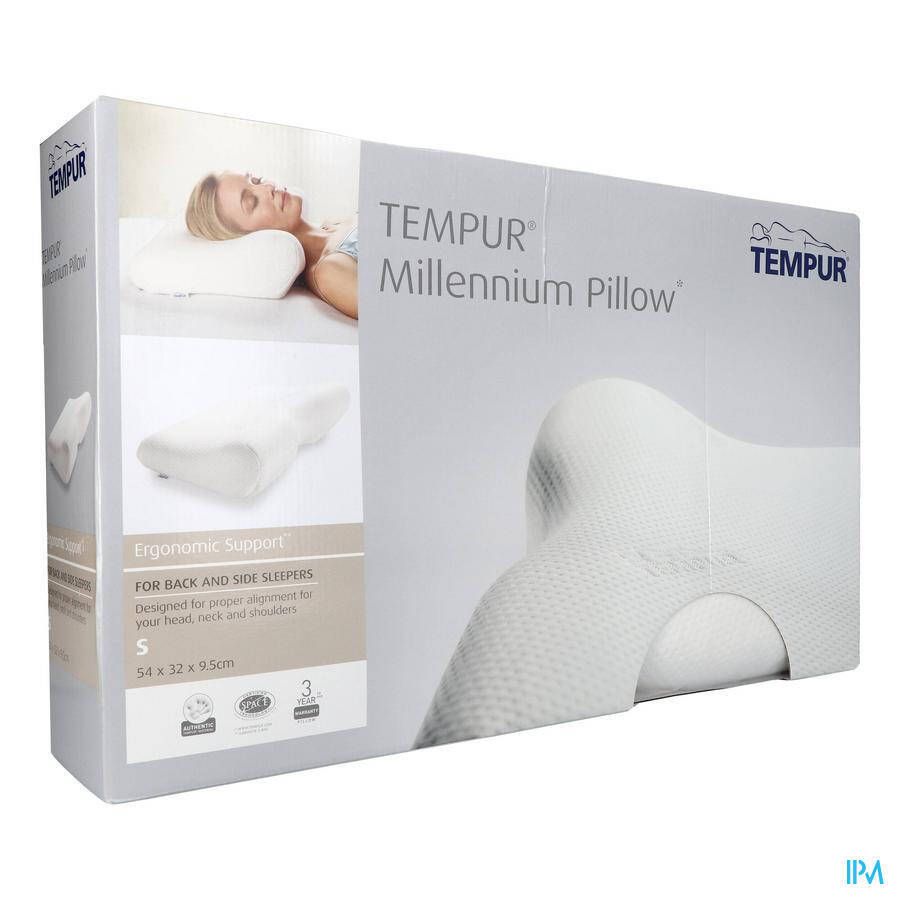 Oreiller Tempur Millennium Pillow en boîte. Forme ergonomique. Taille S : 54x32x9,5/5 cm. Certifications. Garantie 3 ans.