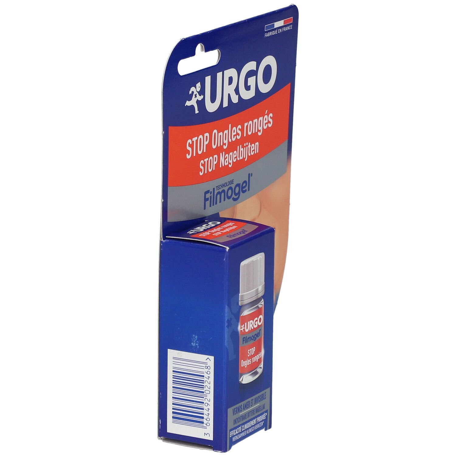 Seitenansicht der Verpackung. URGO STOP Nagelbijten. Fläschchen im Inneren. Blisterverpackung.