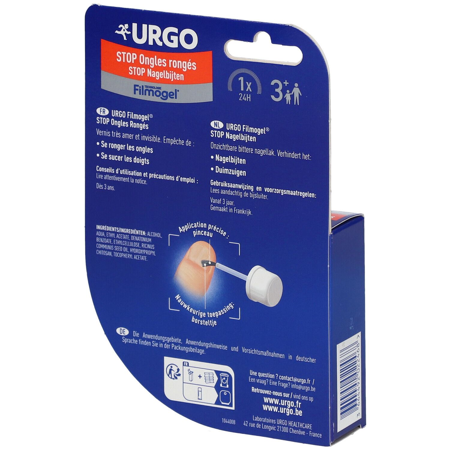 Rückseite der Verpackung. URGO STOP Nagelbijten. Produktinformationen und Anwendungshinweise.