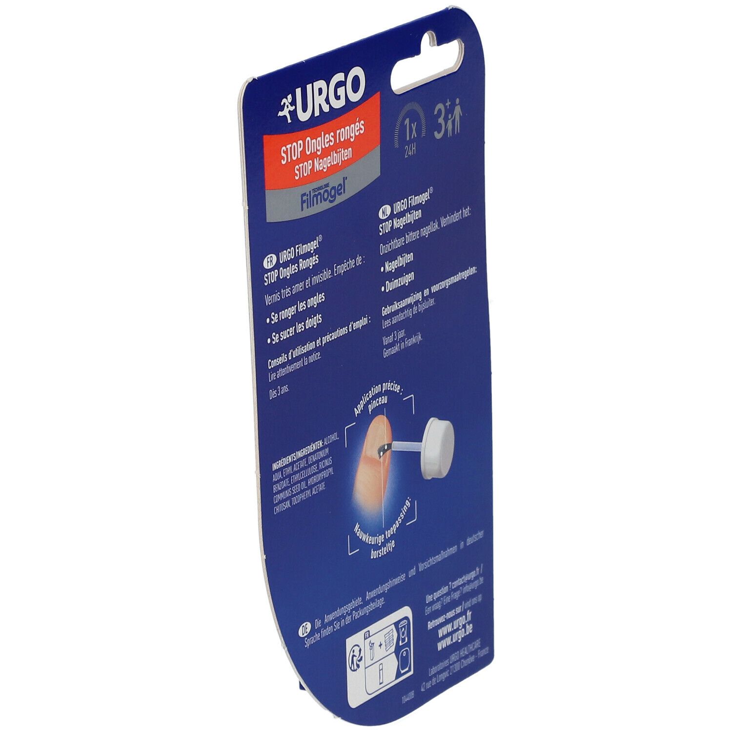 Rückseite der Verpackung. URGO STOP Nagelbijten. Produktinformationen und Anwendungshinweise.