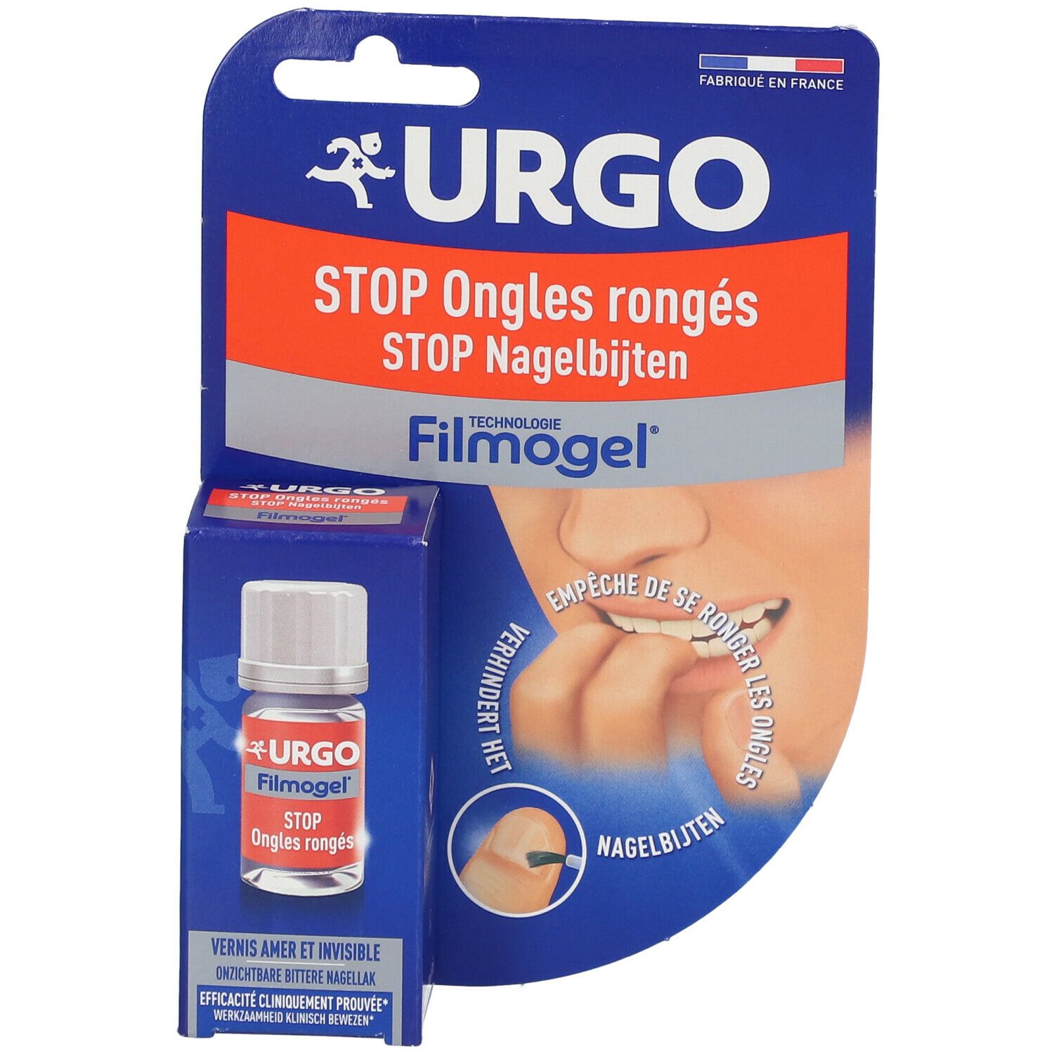 Verpackung mit Fläschchen. URGO STOP Nagelbijten. Fläschchen mit rotem Etikett. Blisterverpackung.