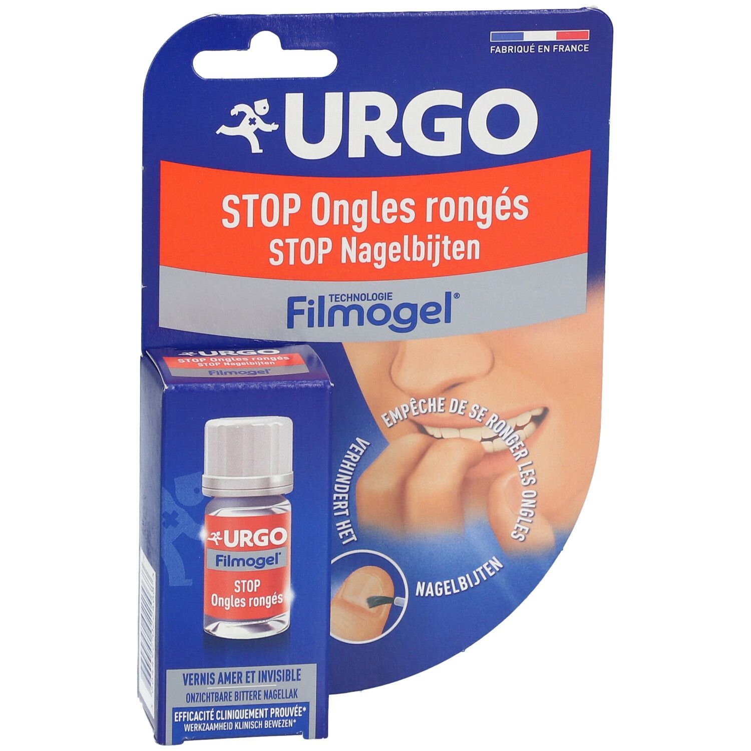 Verpackung mit Fläschchen. URGO STOP Nagelbijten. Fläschchen mit rotem Etikett. Blisterverpackung.