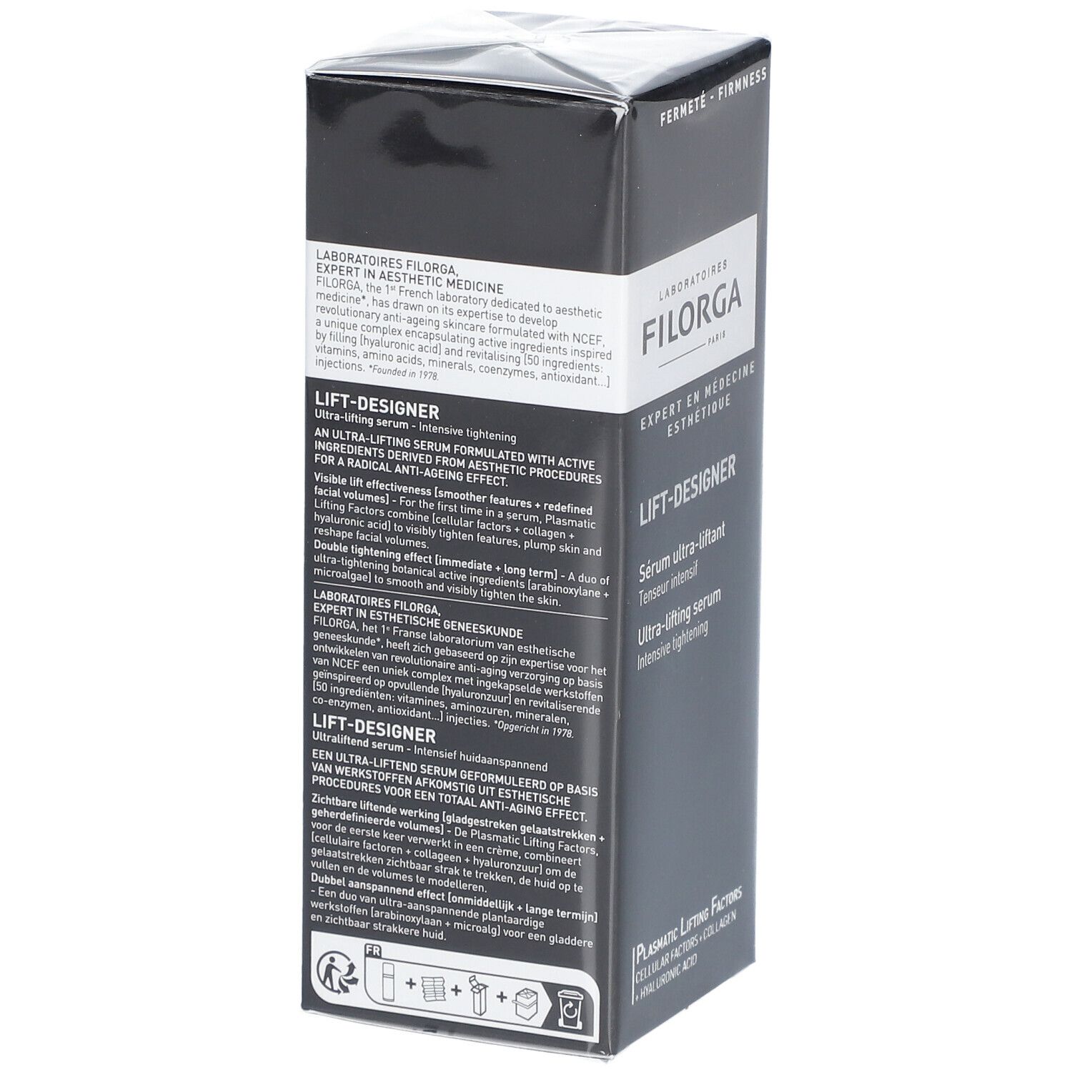 Zwarte doos FILORGA LIFT-DESIGNER. Sérum ultra-liftant, Tenseur intensif. Productbeschrijving in meerdere talen.