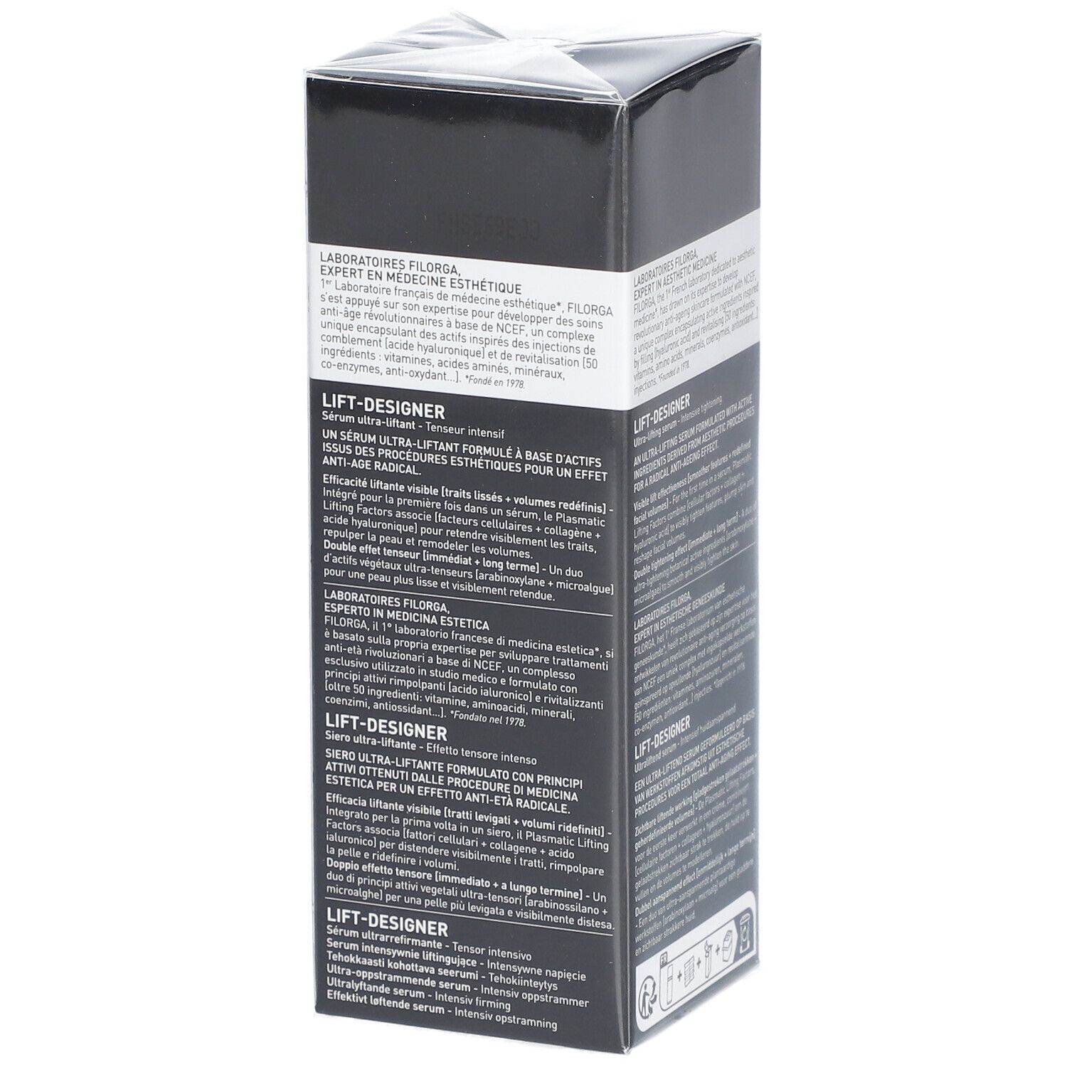 Zwarte doos FILORGA LIFT-DESIGNER. Sérum ultra-liftant, Tenseur intensif. Productbeschrijving in meerdere talen.