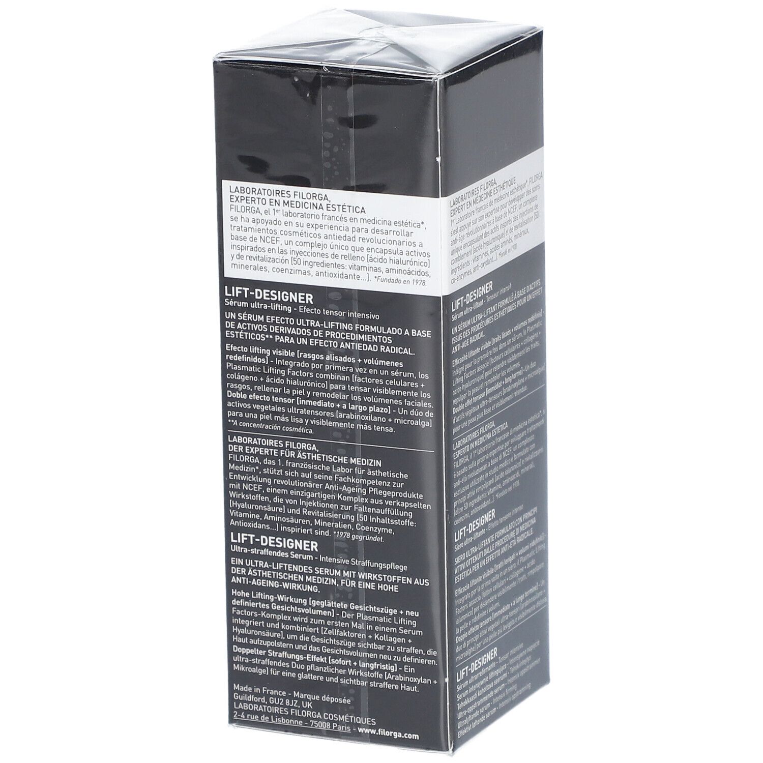Zwarte doos FILORGA LIFT-DESIGNER. Sérum ultra-liftant, Tenseur intensif. Productbeschrijving in meerdere talen.