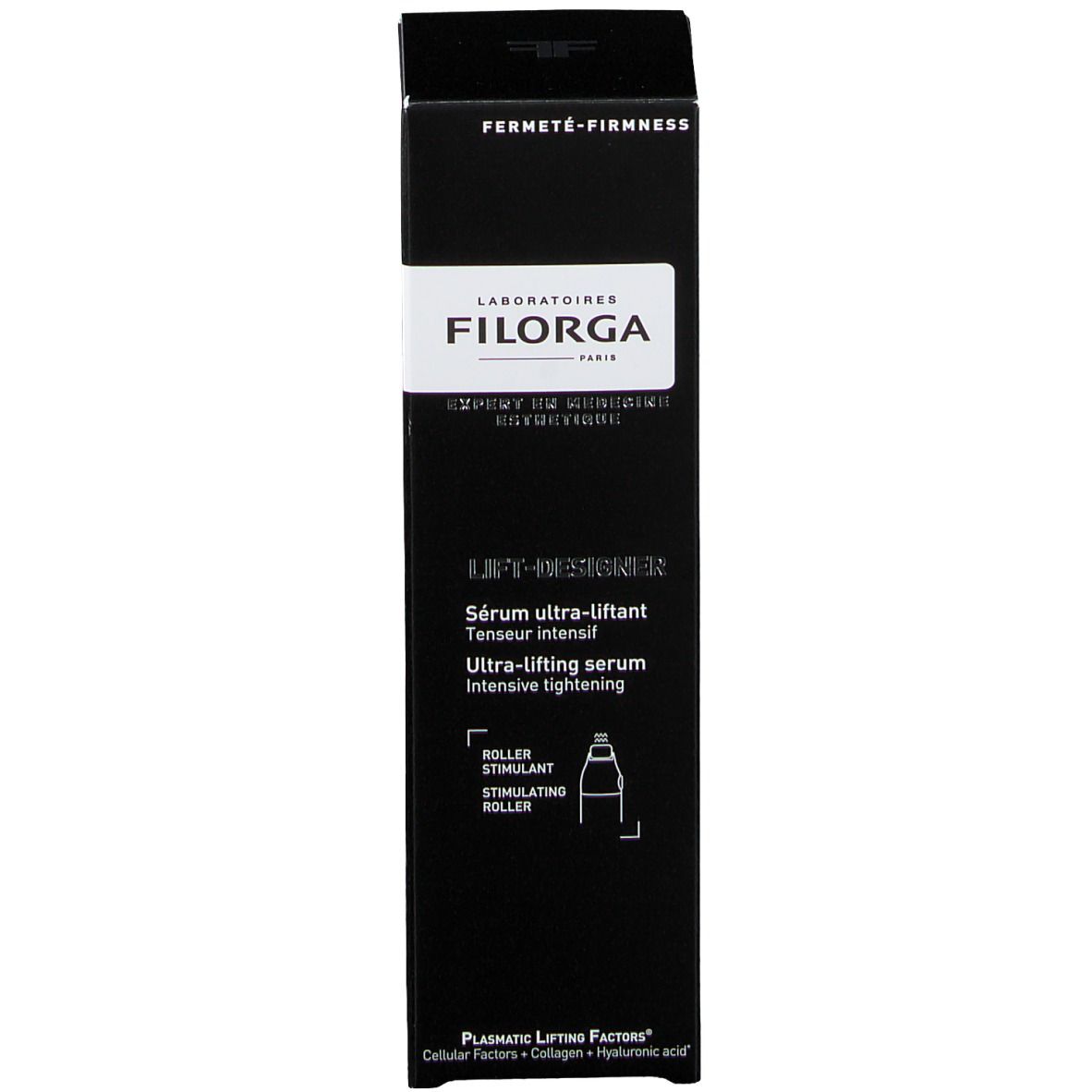 Zwarte doos FILORGA LIFT-DESIGNER. Sérum ultra-liftant, Tenseur intensif. Met afbeelding van een roller-applicatie.