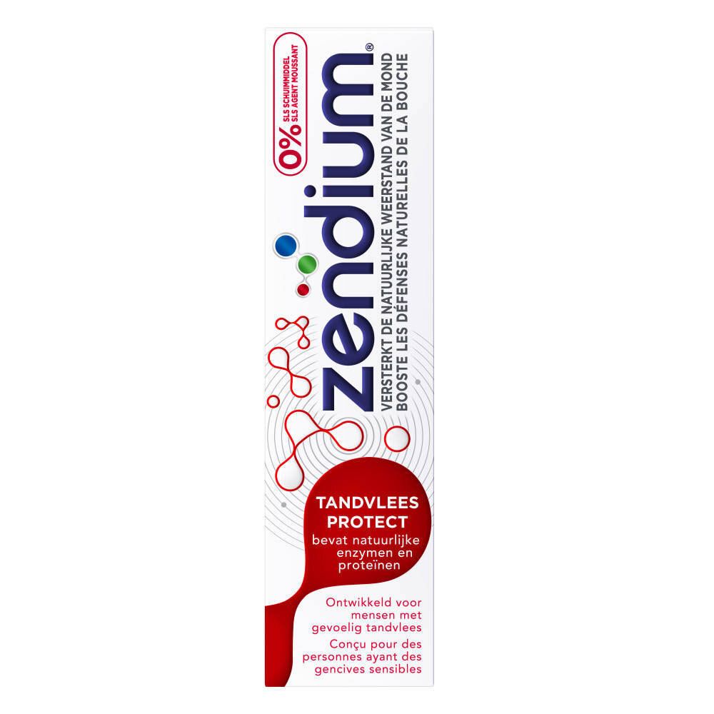 Zendium Zahnpasta Proaktiv, Tube. Weiß, mit roter und blauer Schrift. Enthält Enzyme und Proteine. Für empfindliches Zahnfleisch.