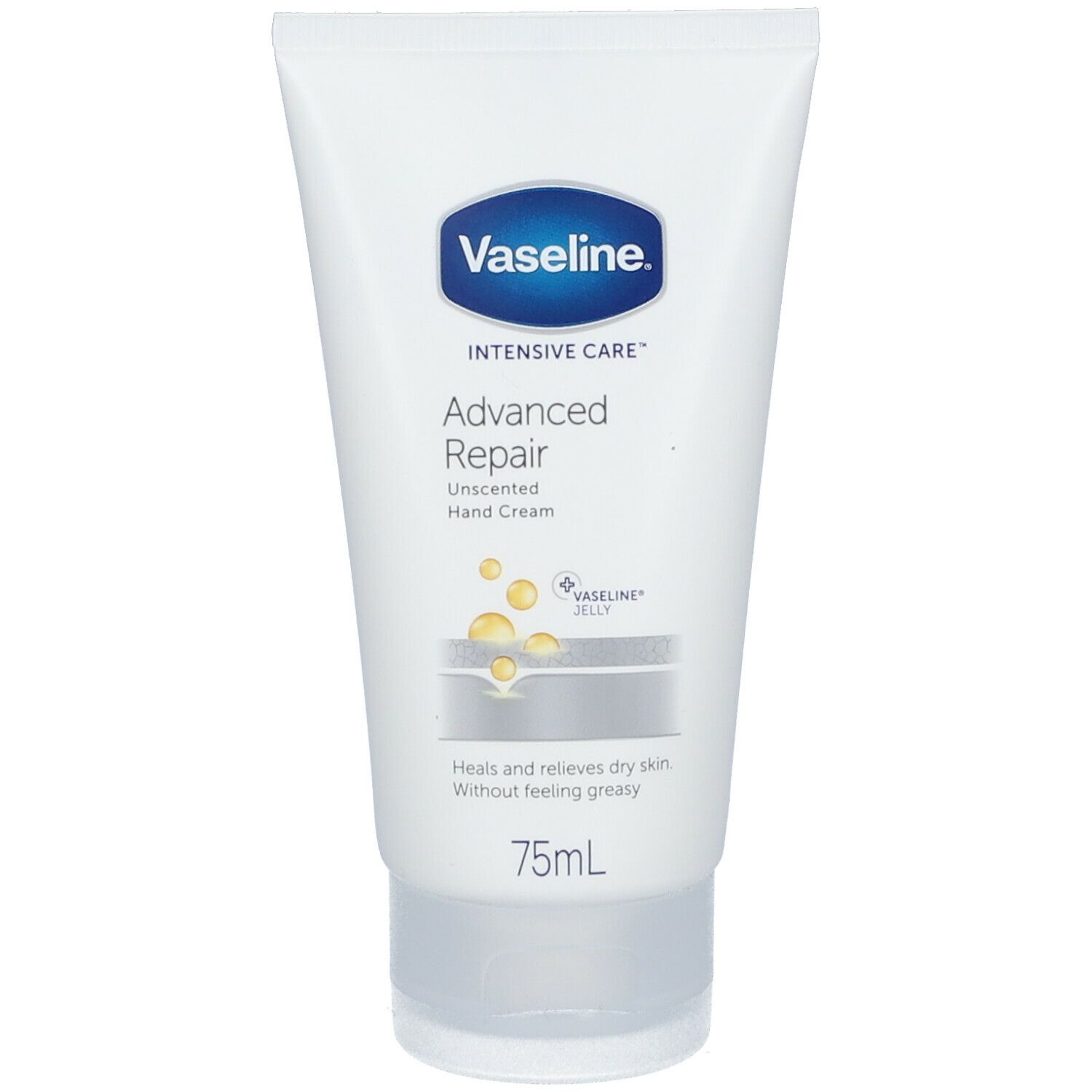 Tube blanche avec logo bleu Vaseline et inscription 'Advanced Repair'. Contient 75ml. Non parfumé.