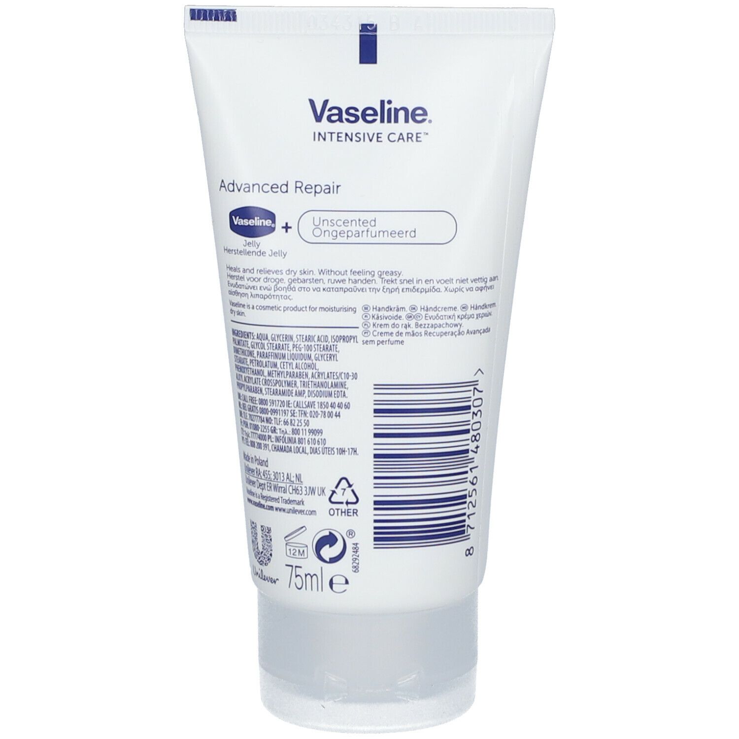 Dos du tube blanc. Affiche les ingrédients, les informations du fabricant et le code-barres. Contient 75ml.