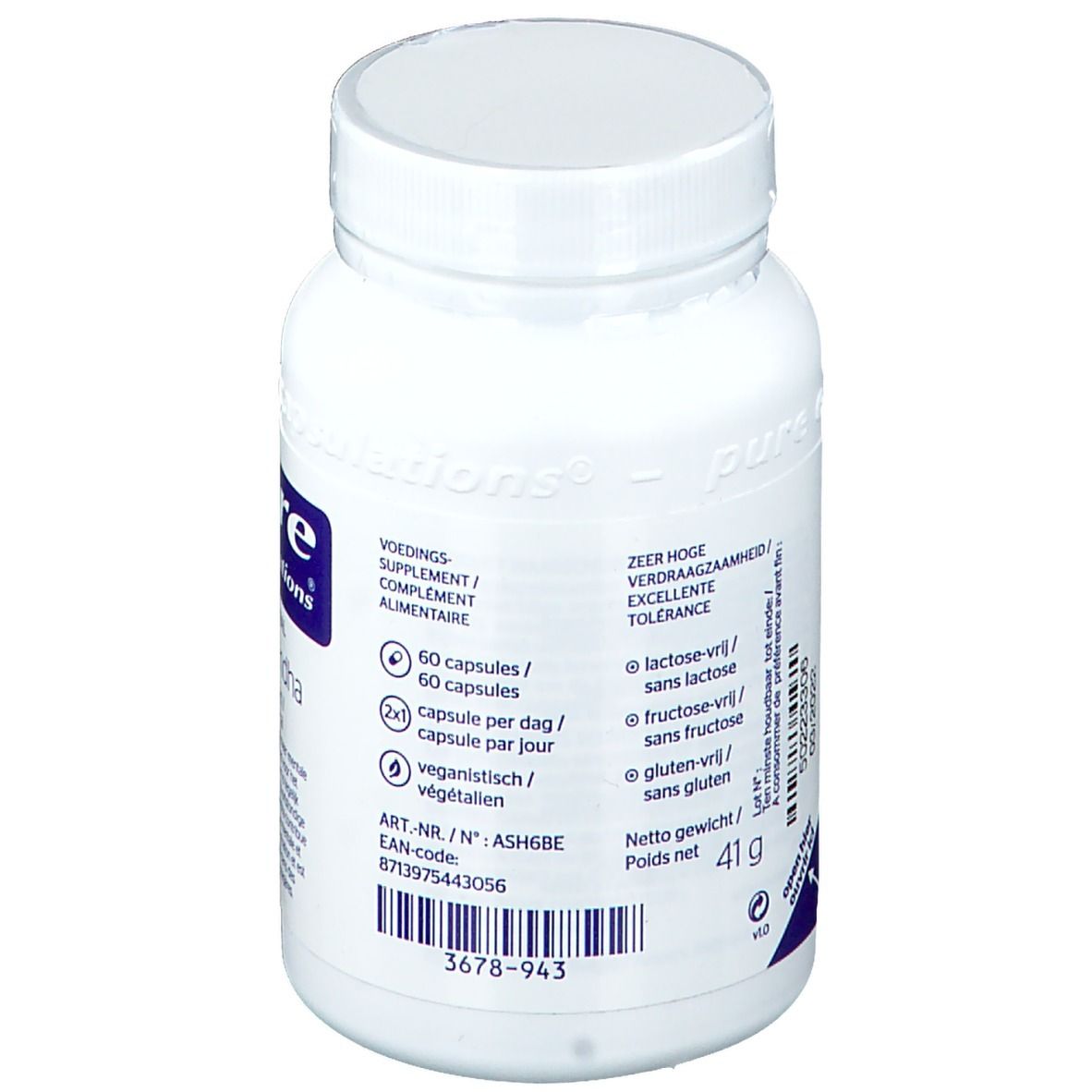 Witte fles met capsules. Opschrift: 60 capsules, veganistisch. Informatie over ingrediënten en EAN-code.