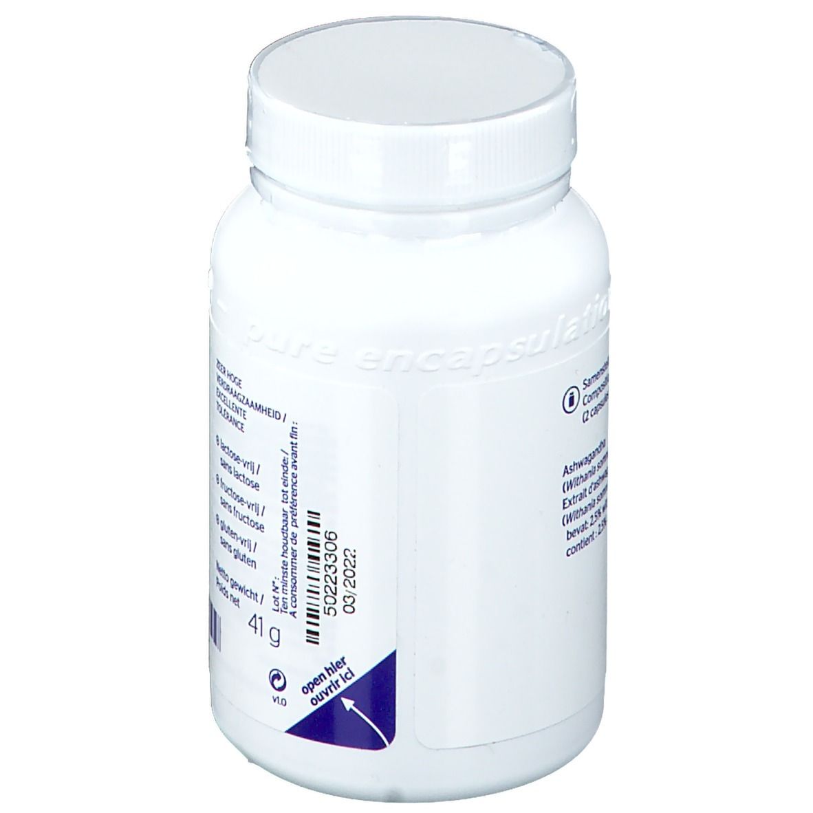Witte fles met capsules. Opschrift: Ten minste houdbaar tot. Gewicht: 41g. Informatie over ingrediënten.