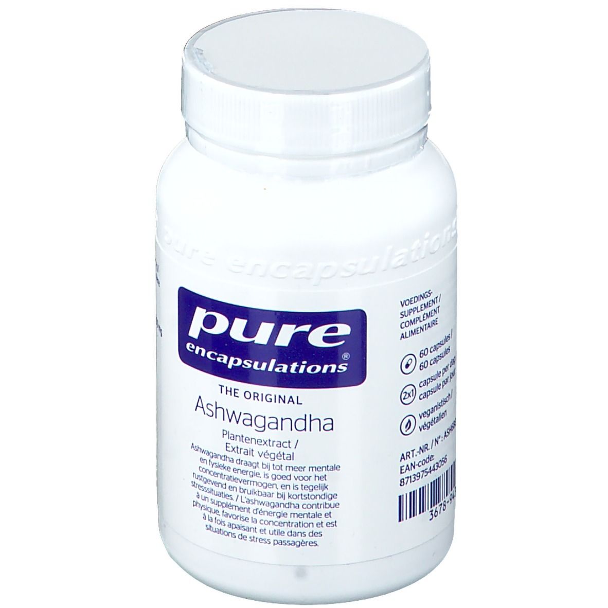 Witte fles met capsules. Opschrift: Pure Encapsulations Ashwagandha. Tekst in het Duits, Nederlands, Frans.