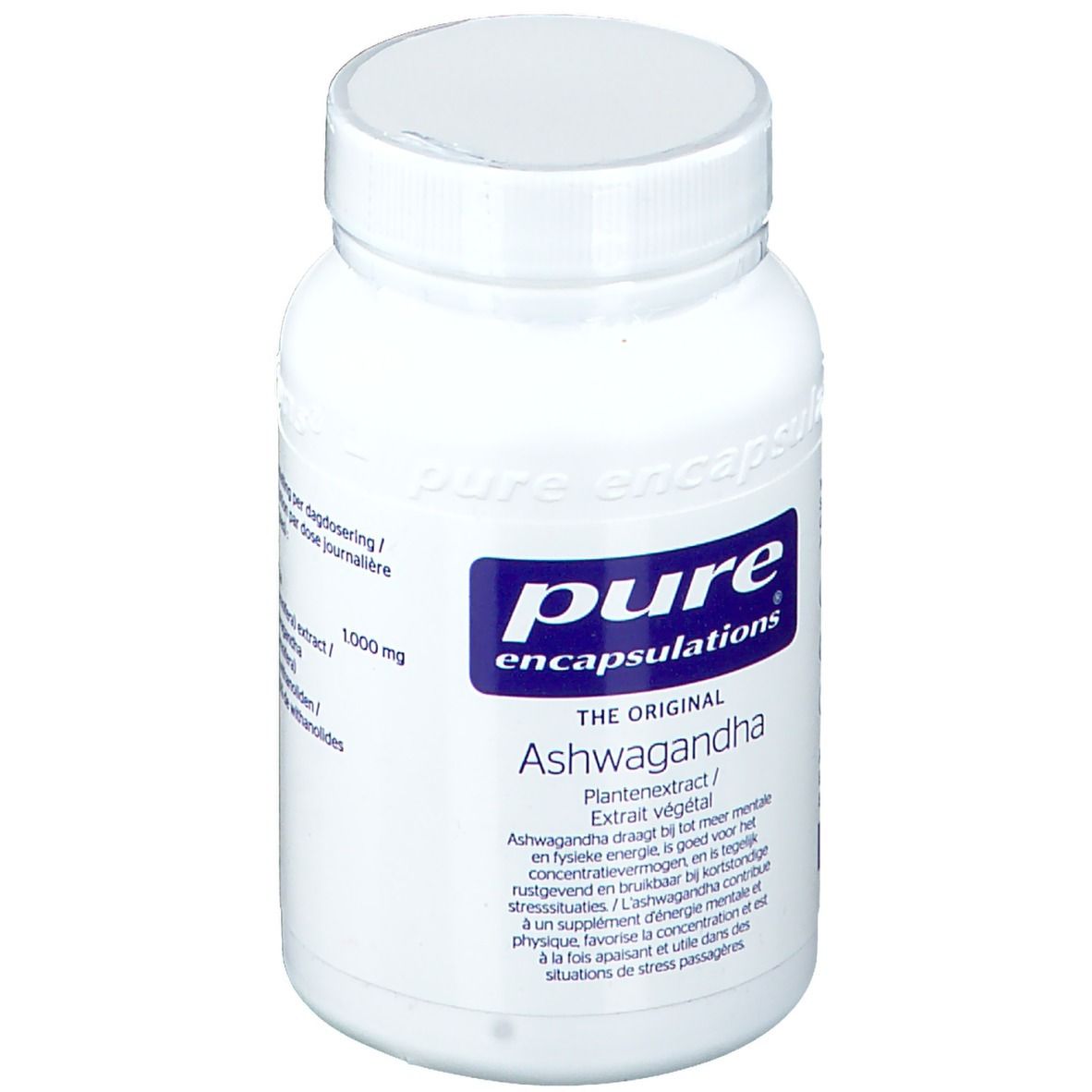 Witte fles met capsules. Opschrift: Pure Encapsulations Ashwagandha. 1000 mg. Tekst in het Duits, Nederlands, Frans.
