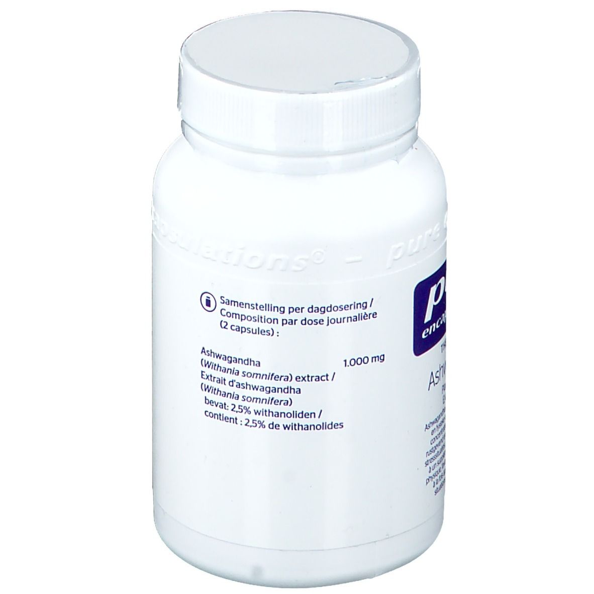 Witte fles met capsules. Opschrift: Samenstelling per dagdosering. Ashwagandha extract. 1.000 mg.