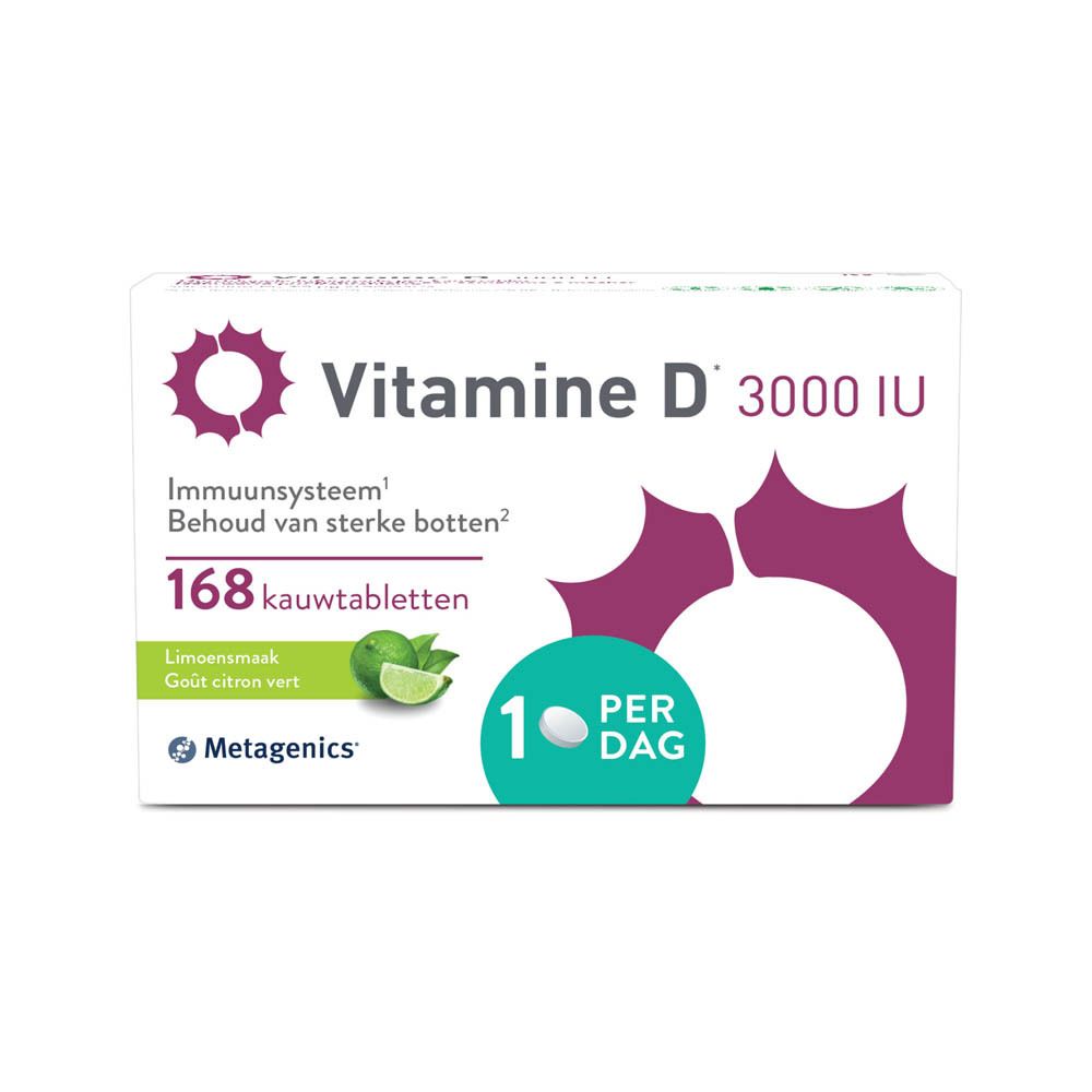 Verpakking met Vitamine D 3000 IU, 168 kauwtabletten. Smaak: limoen. Merk: Metagenics.