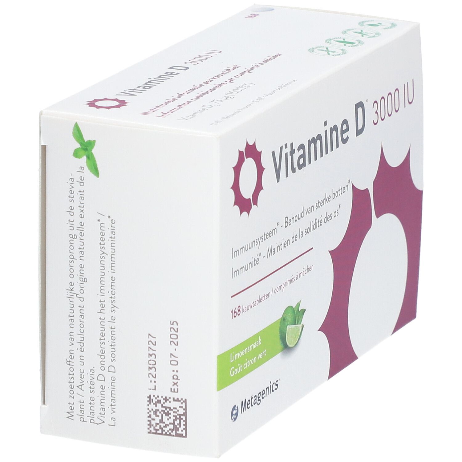 Verpakking met Vitamine D 3000 IU, 168 kauwtabletten. Smaak: limoen. Merk: Metagenics.