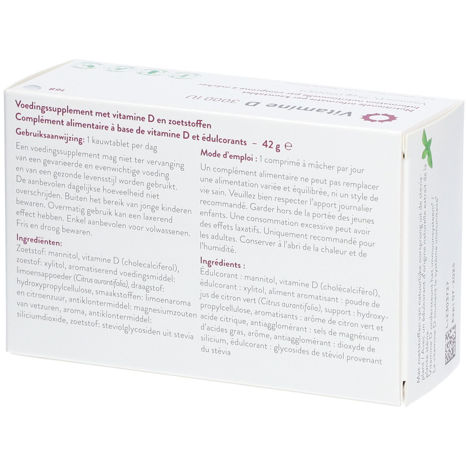 Achterkant van de verpakking met Vitamine D 3000 IU. Ingrediënten en gebruiksaanwijzing.