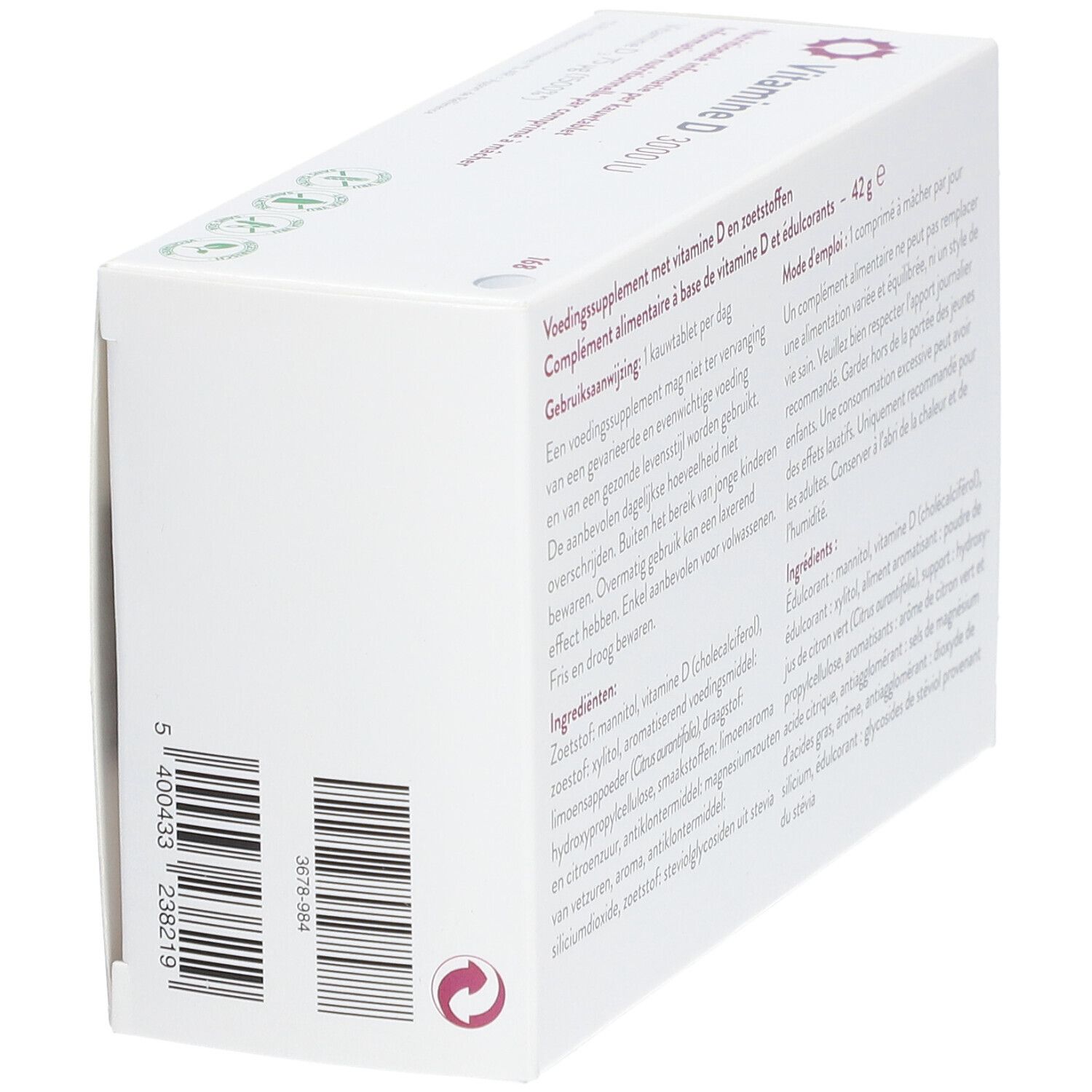 Zijaanzicht van de verpakking met Vitamine D 3000 IU. Ingrediënten en gebruiksaanwijzing.