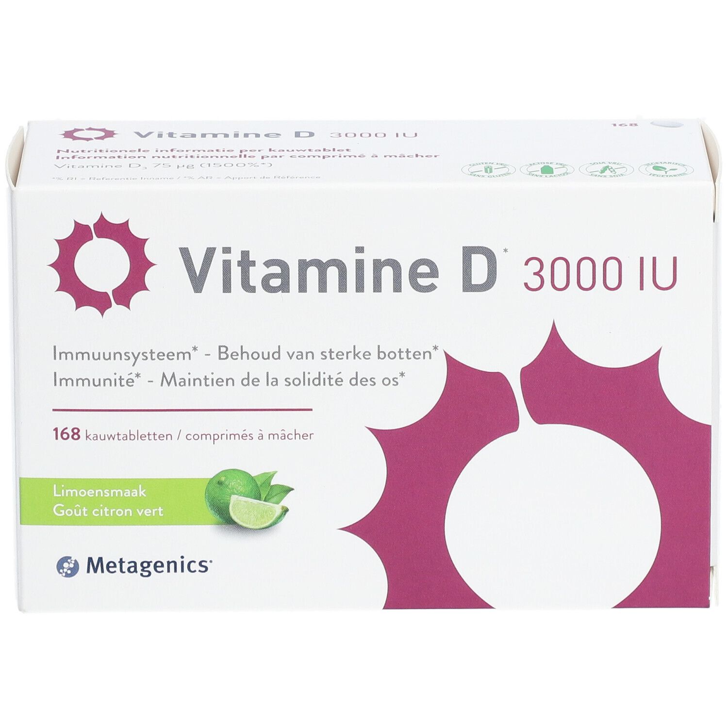Verpakking met Vitamine D 3000 IU, 168 kauwtabletten. Smaak: limoen. Merk: Metagenics.