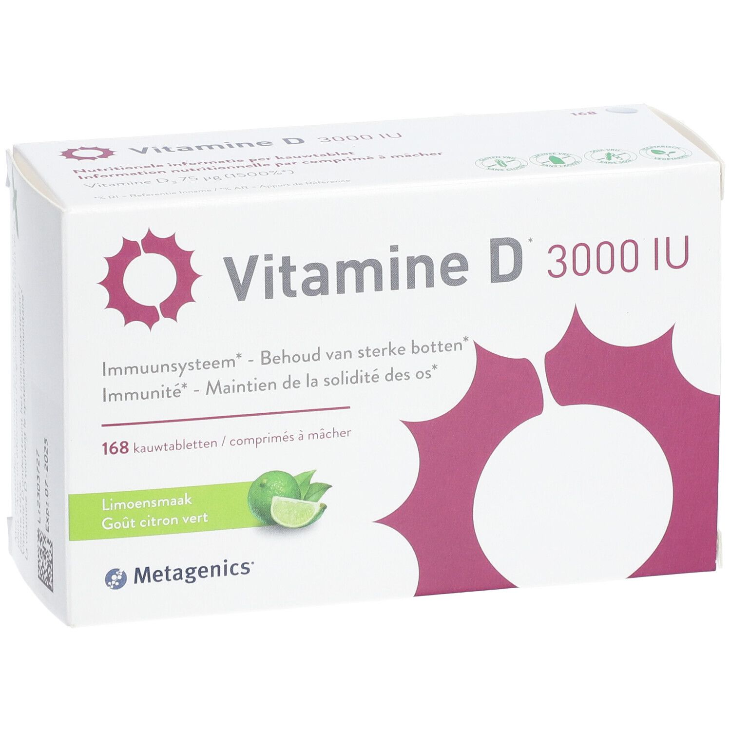 Verpakking met Vitamine D 3000 IU, 168 kauwtabletten. Smaak: limoen. Merk: Metagenics.
