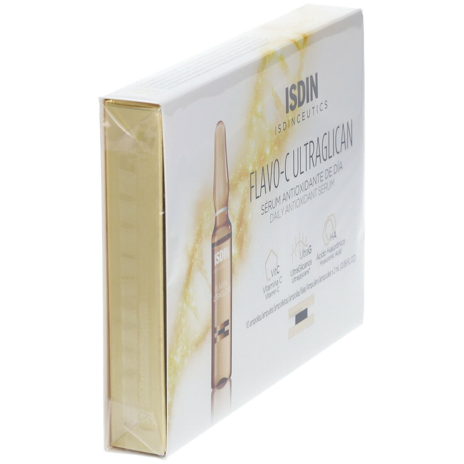 Emballage ISDIN Isdinceutics Flavo-C Ultraglican, vue latérale. Inscription : Flavo-C Ultraglican, sérum antioxydant de jour.