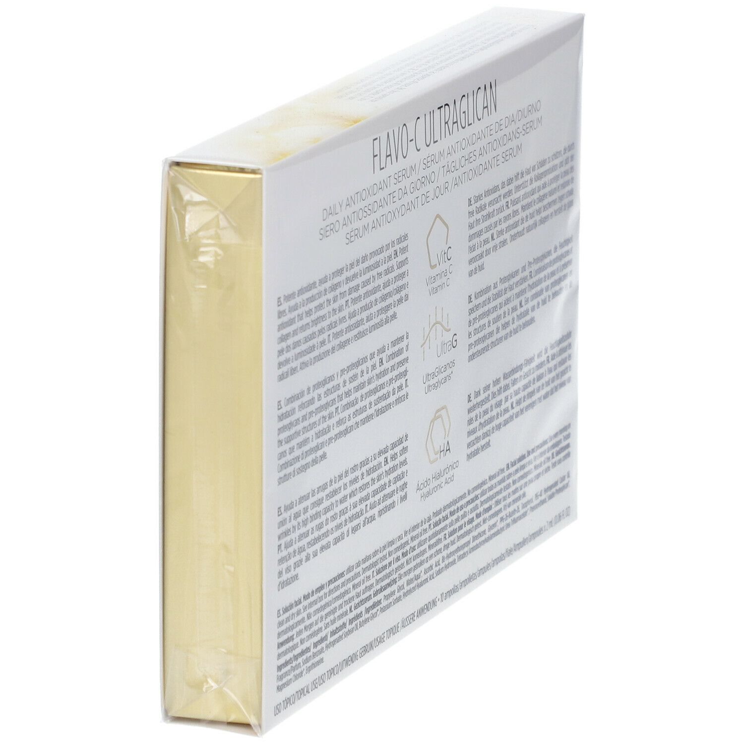 Vue latérale de l'emballage ISDIN Isdinceutics Flavo-C Ultraglican. Texte en plusieurs langues.
