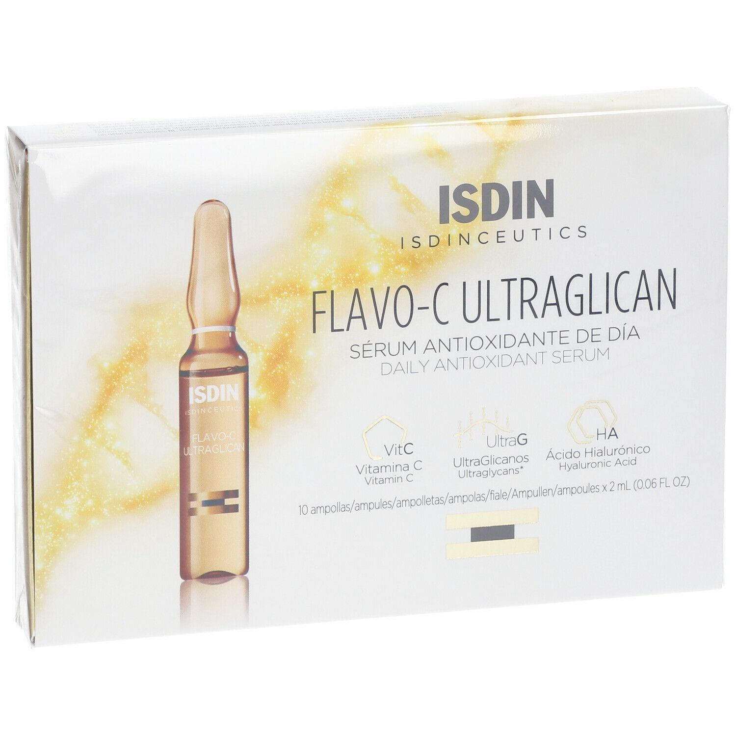 Emballage ISDIN Isdinceutics Flavo-C Ultraglican. Contient une ampoule. Inscription : Flavo-C Ultraglican, sérum antioxydant de jour.