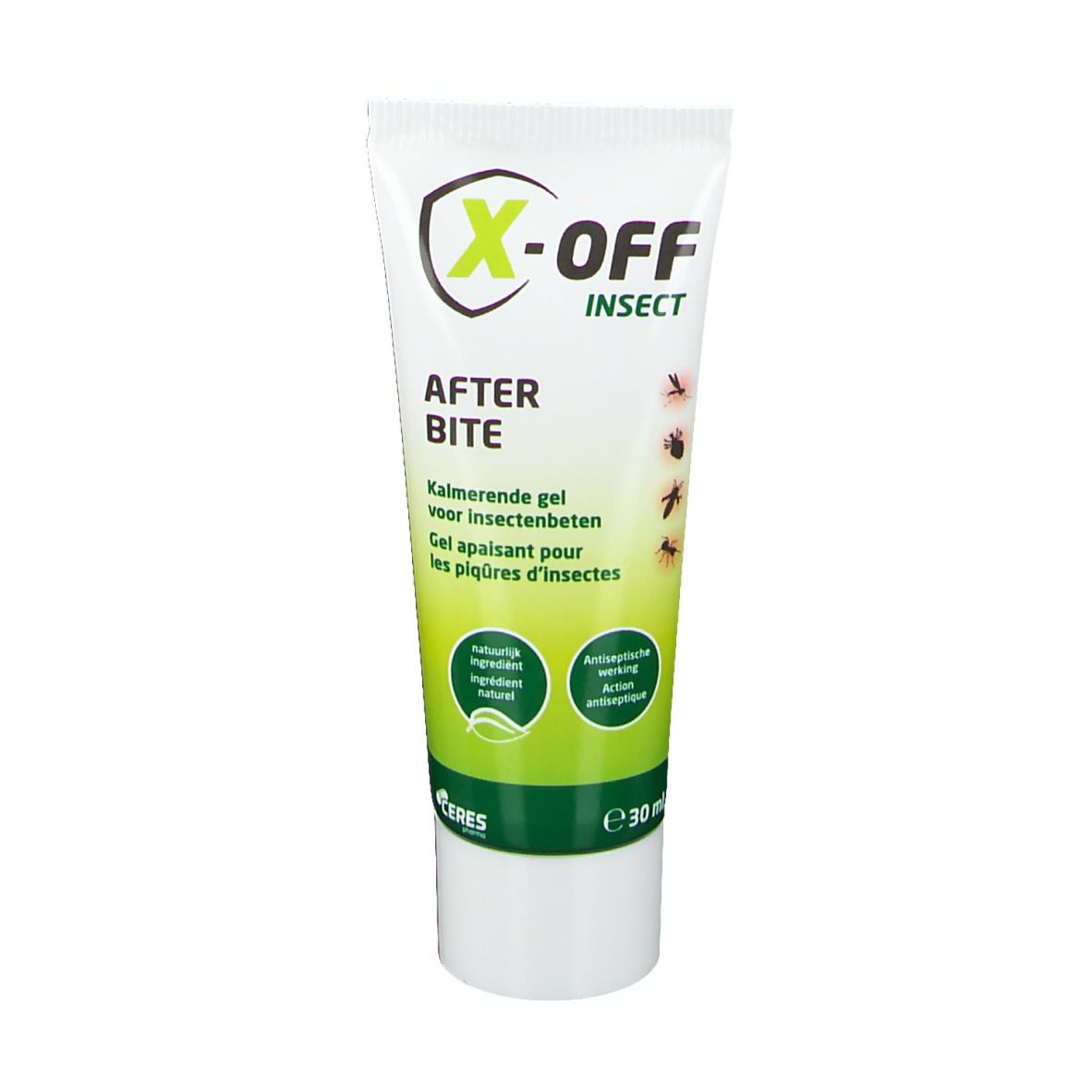 Tube de X-off Insekt After Bite. Blanc avec bande verte. Logo et nom du produit. Texte : 'Gel apaisant pour les piqûres d'insectes'.