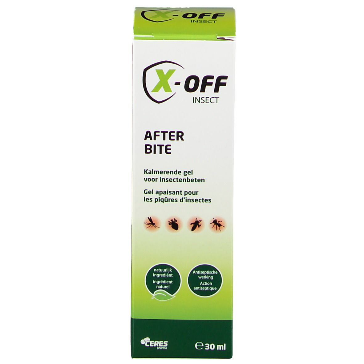 Boîte de X-off Insekt After Bite. Blanc avec couvercle vert. Logo et nom du produit. Texte : 'Gel apaisant pour les piqûres d'insectes'.