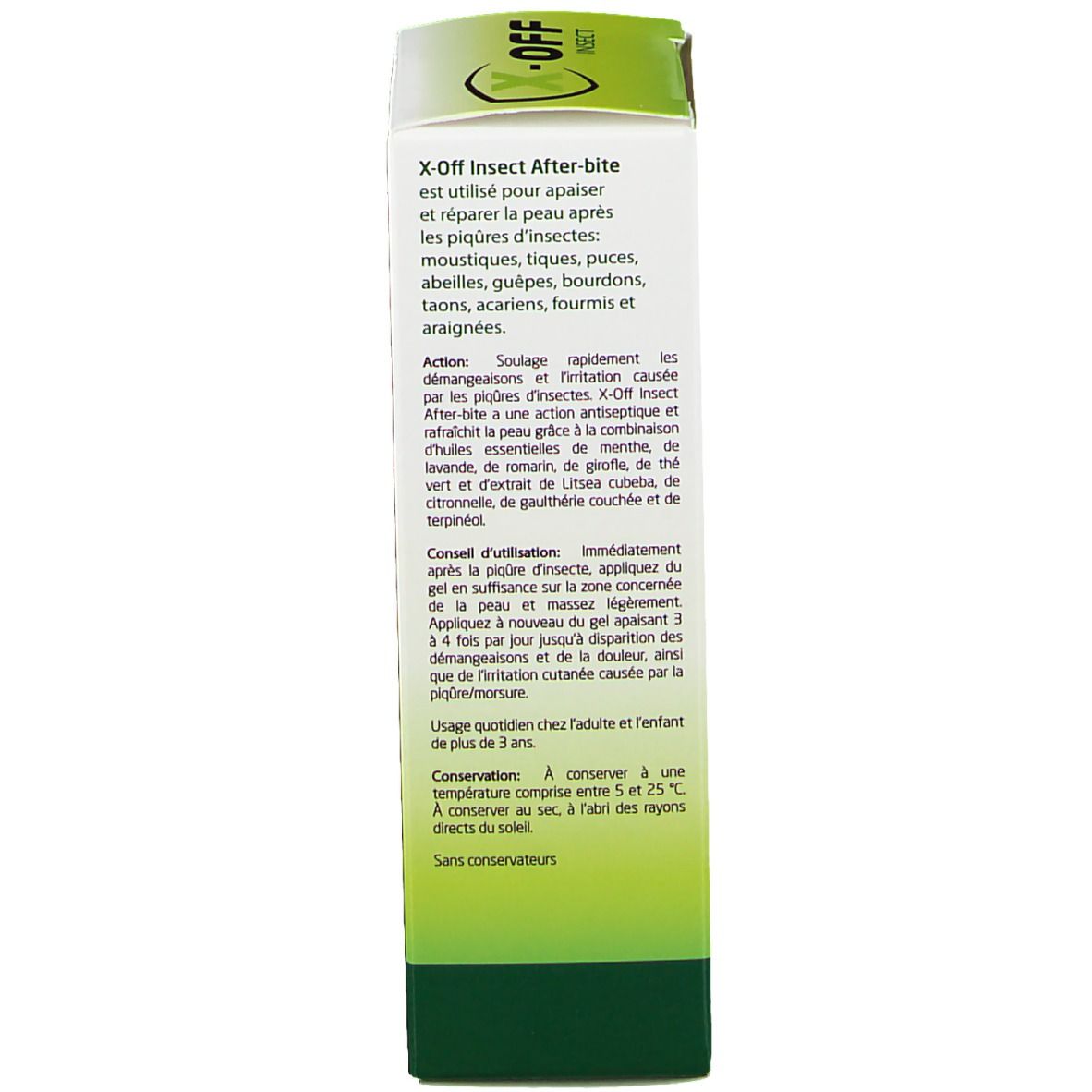 Côté de la boîte X-off Insekt After Bite. Texte en français. Conseils d'utilisation. Conseils de conservation. Avertissements.