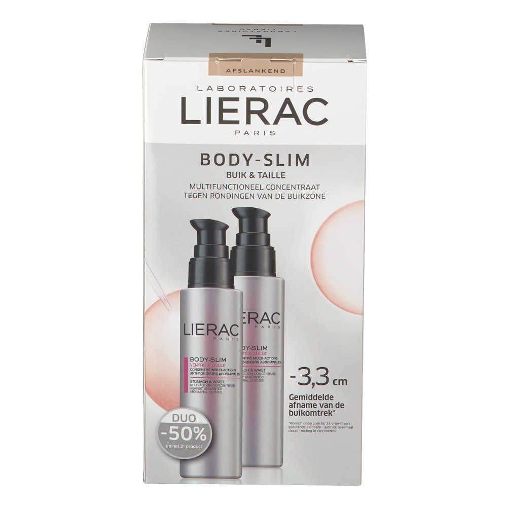 Deux flacons dans un emballage. Inscription: LIERAC PARIS, BODY-SLIM. Duo -50%.
