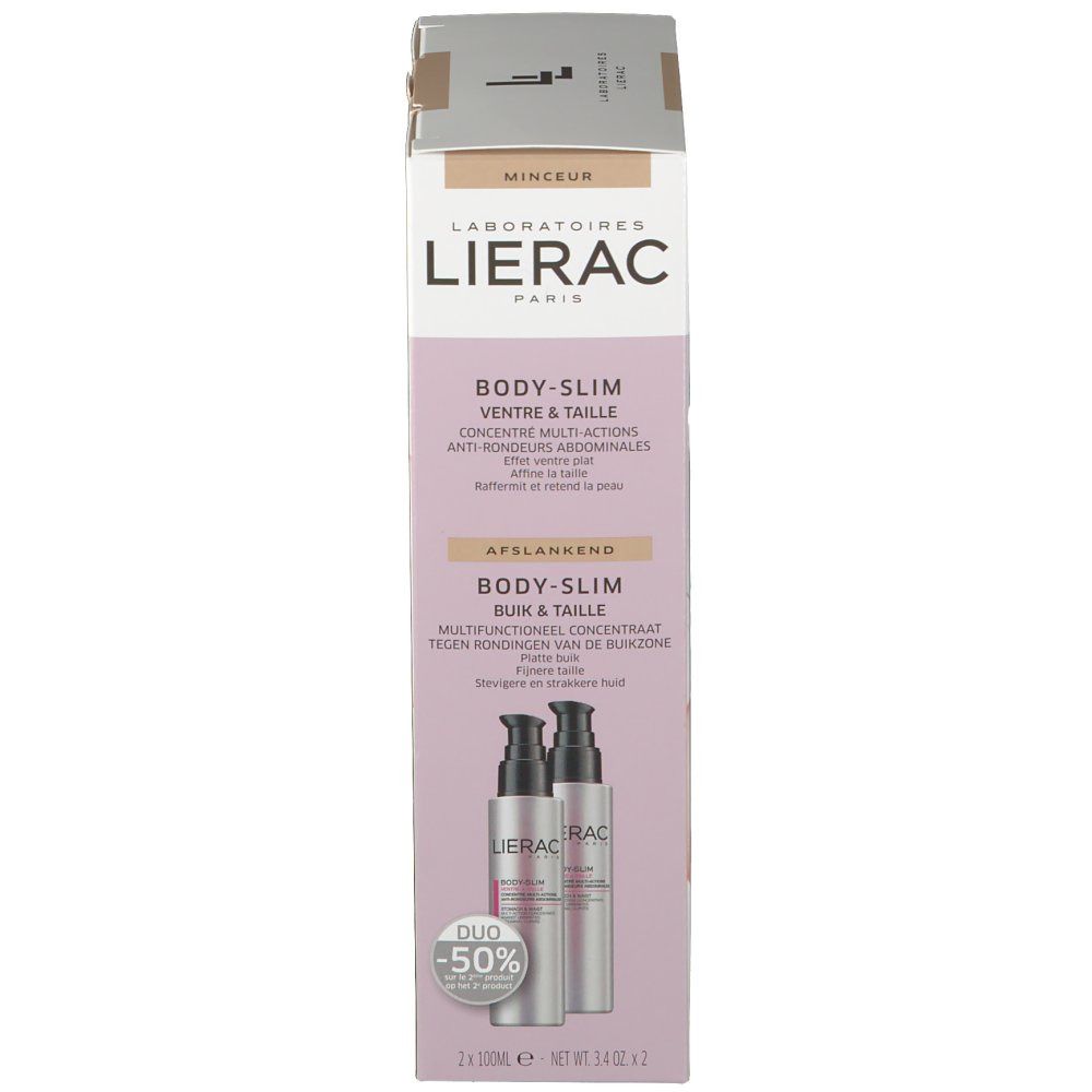 Emballage avec deux flacons. Inscription: LIERAC PARIS, BODY-SLIM. Duo -50%.