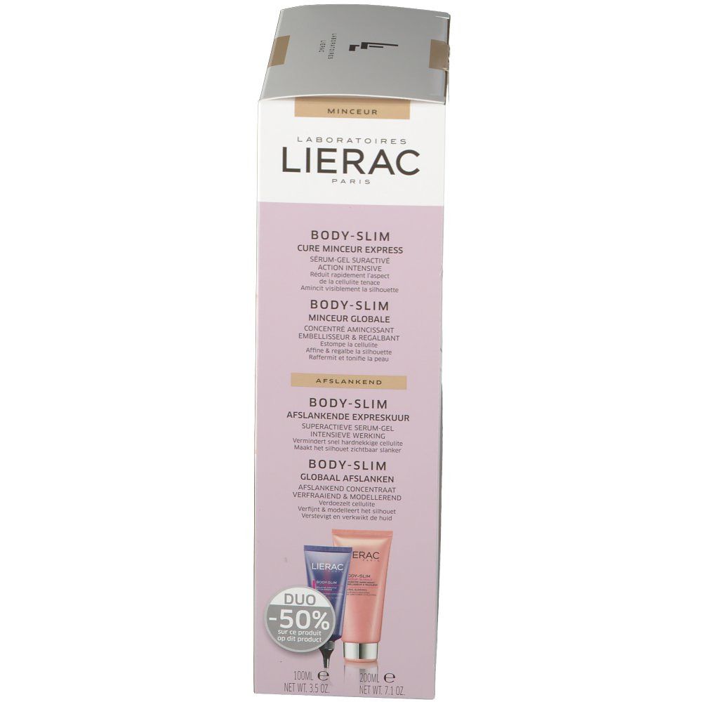 Verpakking afslankprogramma. Bevat twee tubes, blauw en roze, met Lierac en Body-Slim logo. Duo -50%.