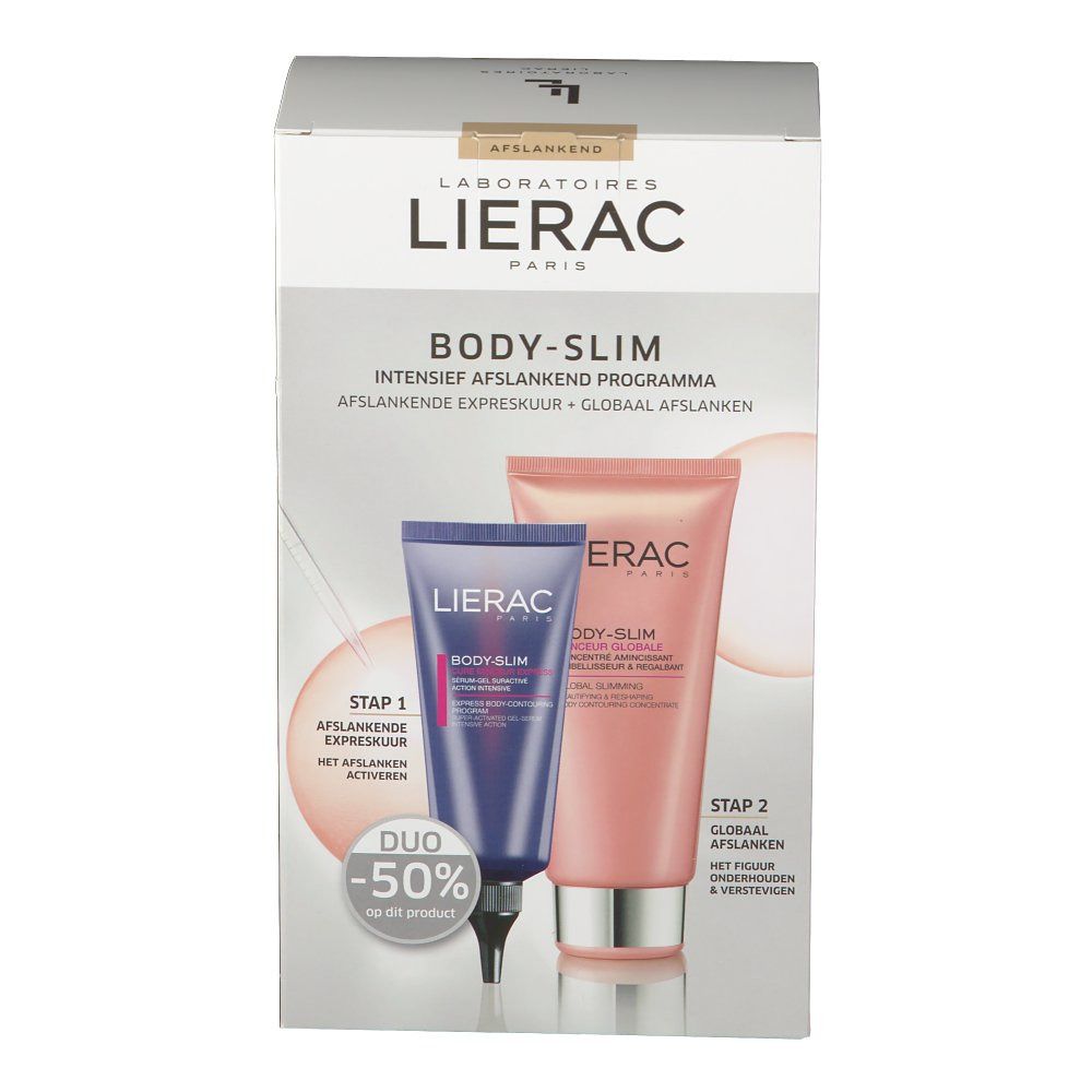 Verpakking met twee tubes: blauw en roze. Lierac Body-Slim. Duo -50%. Opschrift: Intensief afslankprogramma.