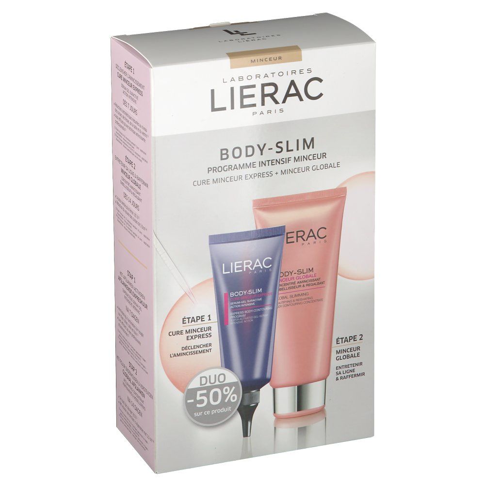 Verpakking met twee tubes: blauw en roze. Lierac Body-Slim. Duo -50%. Opschrift: Intensief afslankprogramma.