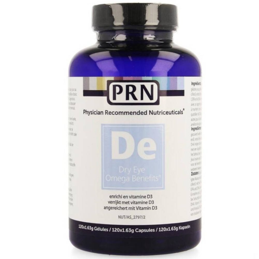 Blaue Flasche mit schwarzen Deckel. Aufschrift PRN, De, Omega Benefits. Enthält Vitamin D3. 120 Kapseln.