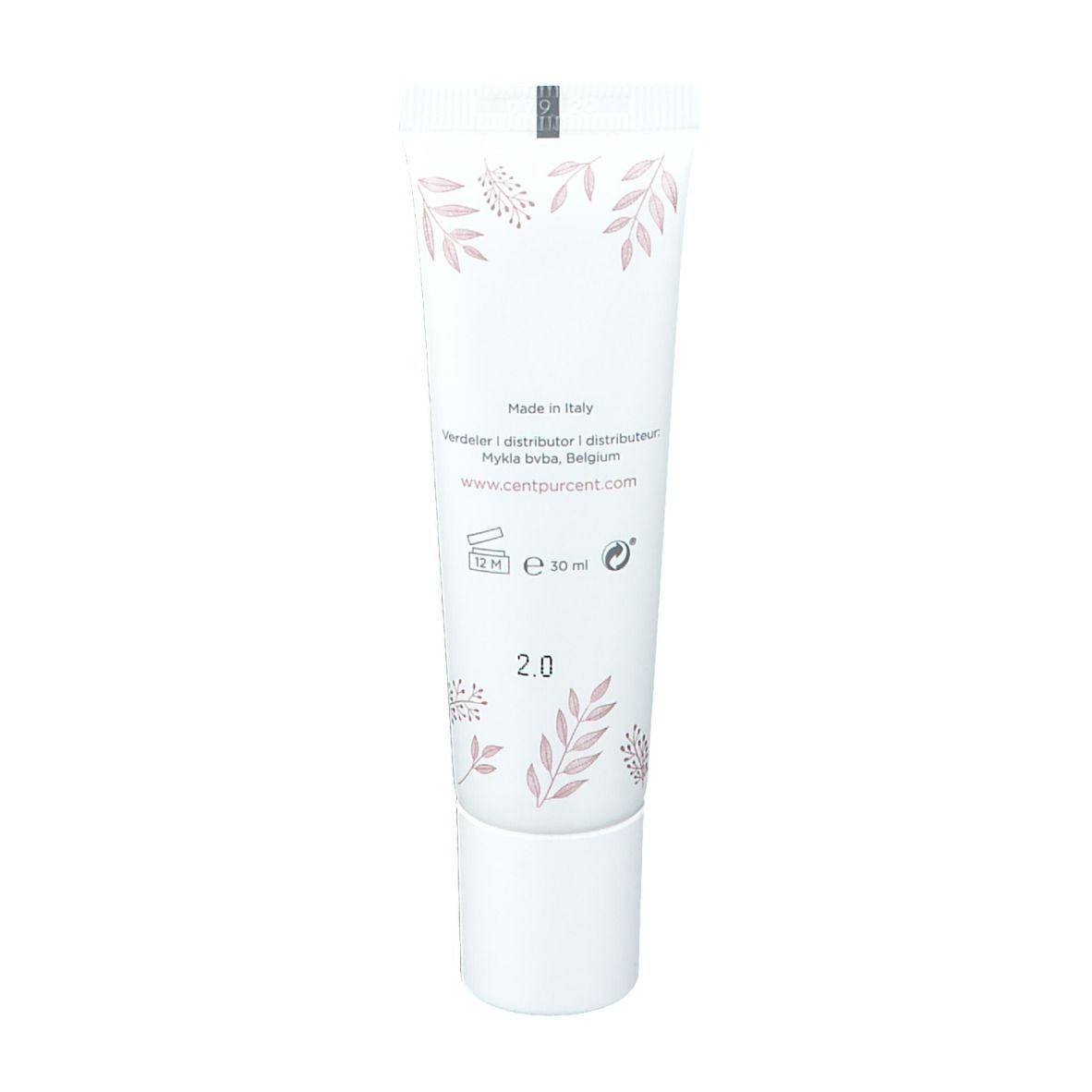 Tube Cent Pur Cent Pure Skin Liquid Foundation 2.0. Weiß, mit floralen Elementen und Text. Hergestellt in Italien.