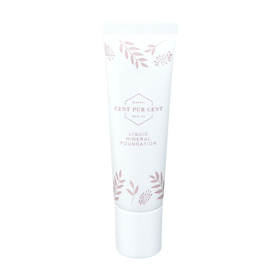 Tube Cent Pur Cent Pure Skin Liquid Foundation. Weiß, mit floralen Elementen und Text. Produktname und Logo.