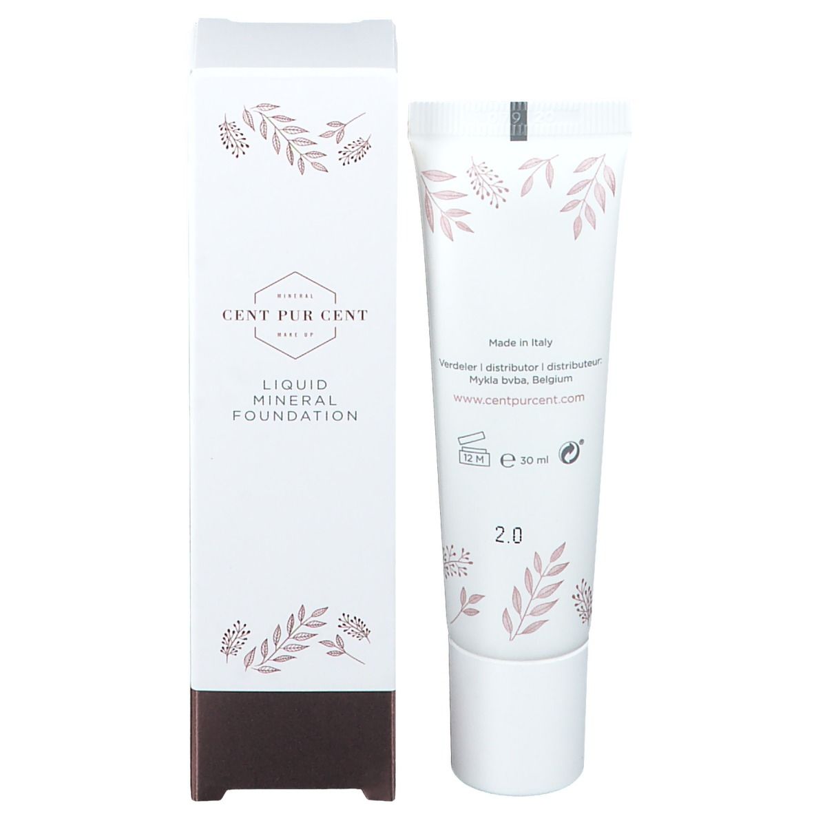 Cent Pur Cent Pure Skin Liquid Foundation 2.0, Tube und Verpackung. Weiß, floral, Text und Logo. Hergestellt in Italien.