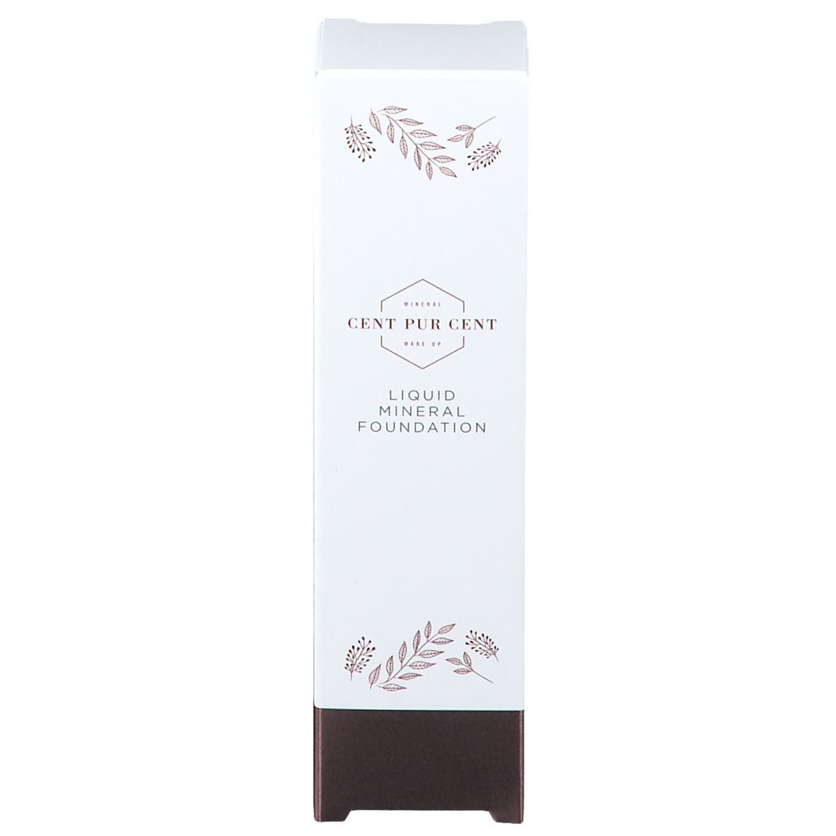 Verpackung Cent Pur Cent Pure Skin Liquid Foundation. Weiß, floral, Text und Logo. Rechteckige Form.