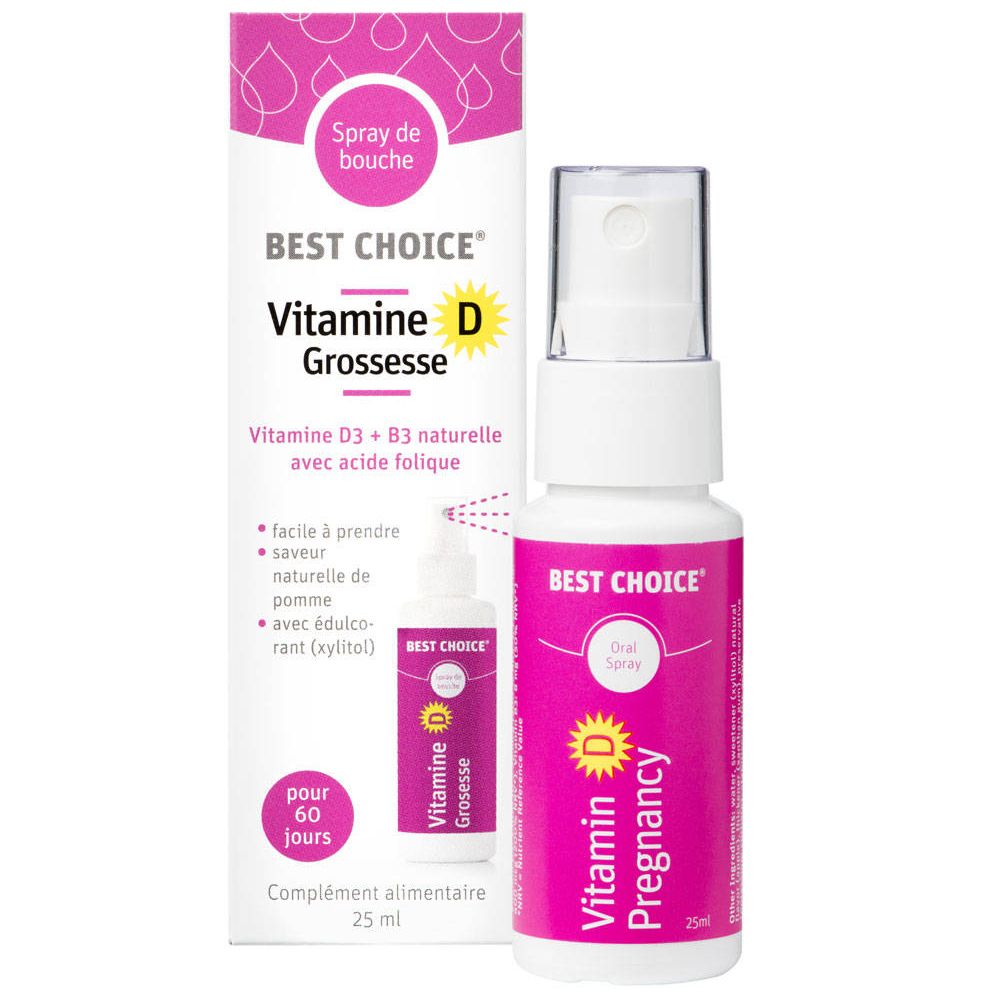 BEST CHOICE® Vitamin D Schwangerschaft. Sprayflasche und Verpackung. Rosa und weiß. Enthält Vitamin D3 + B3, mit Apfelgeschmack.